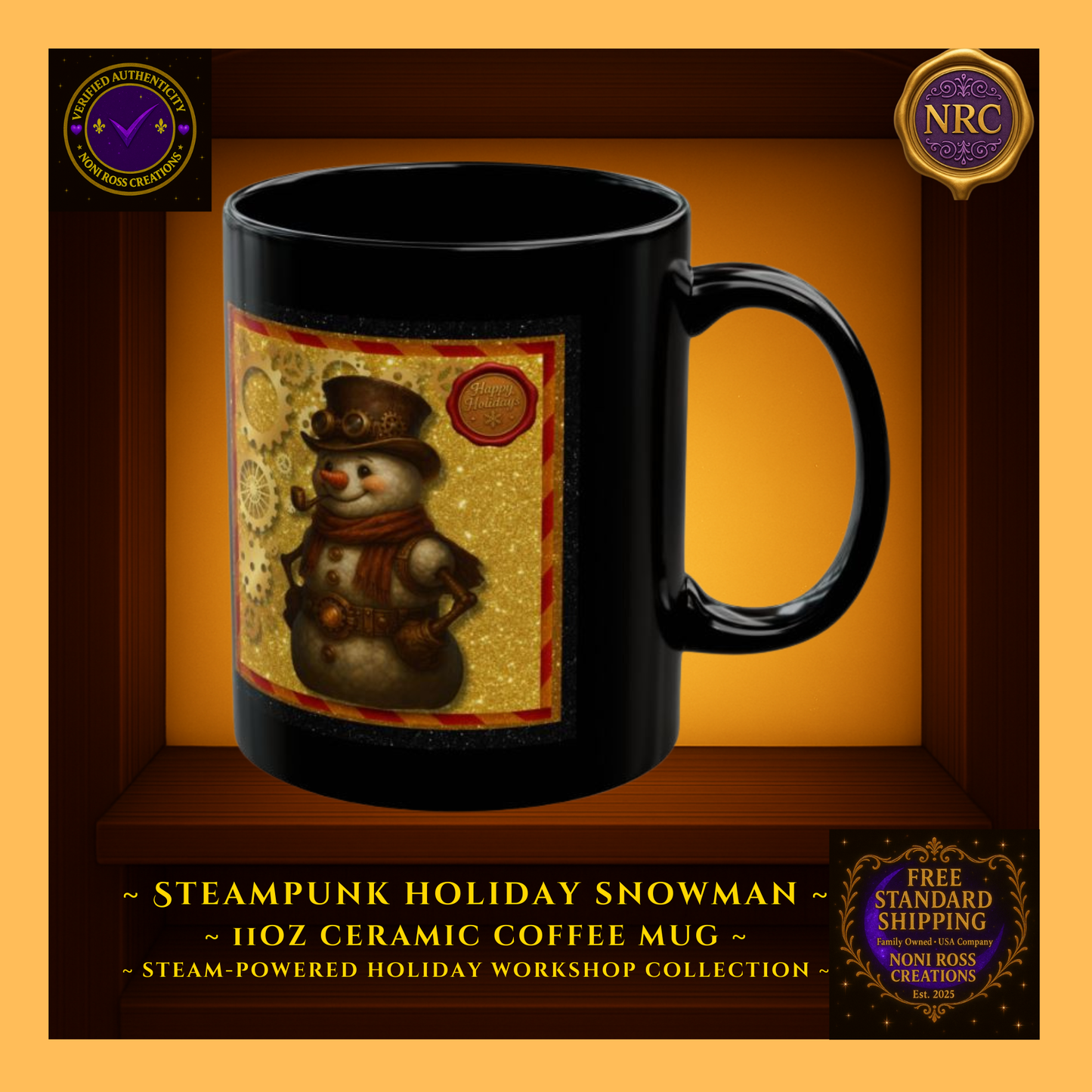 Right-side profile of Snowman mug highlighting design seam and festive red-gold steampunk tones.