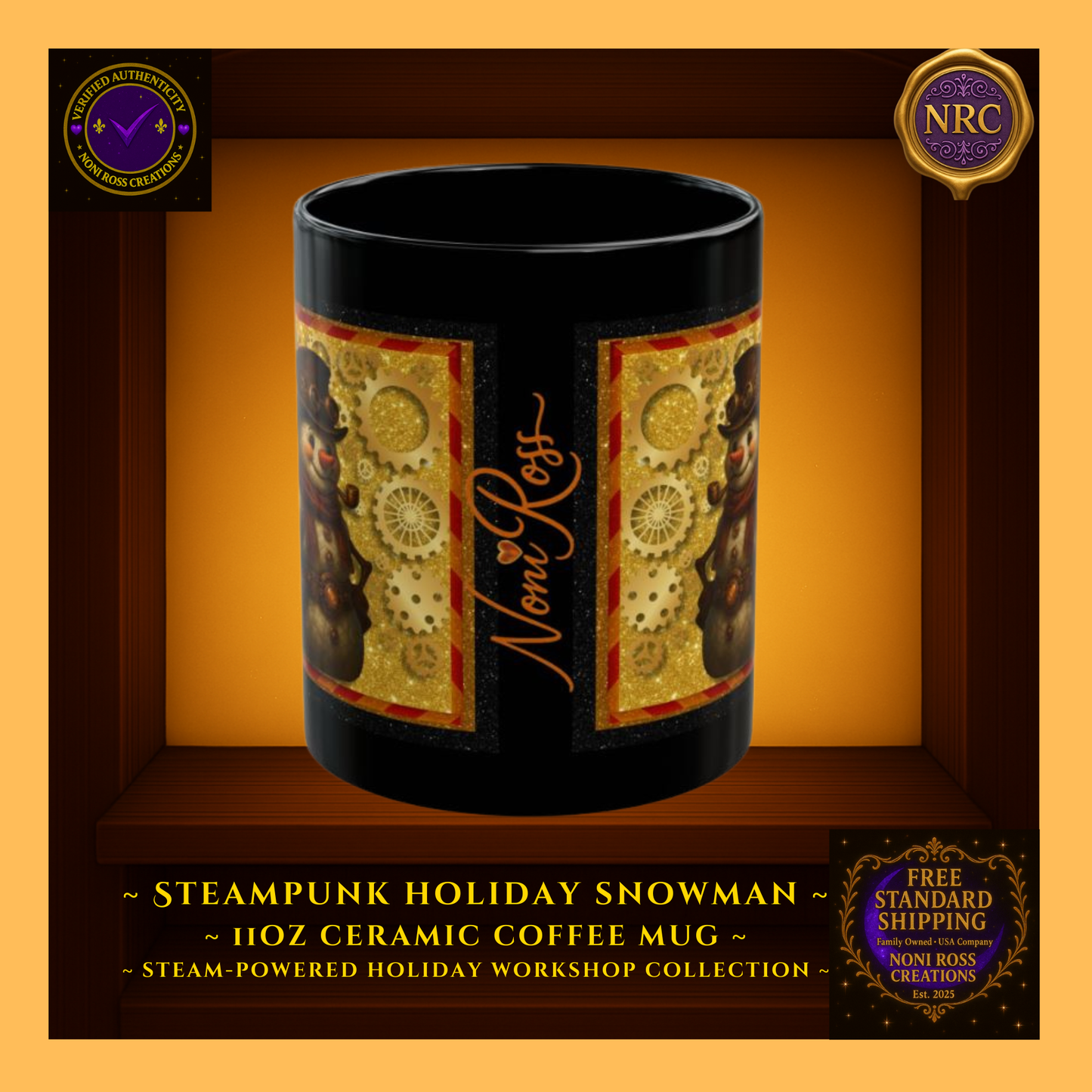 Signature side of Snowman 11oz mug featuring Noni Ross Creations logo and gear emblem — authentic holiday edition.