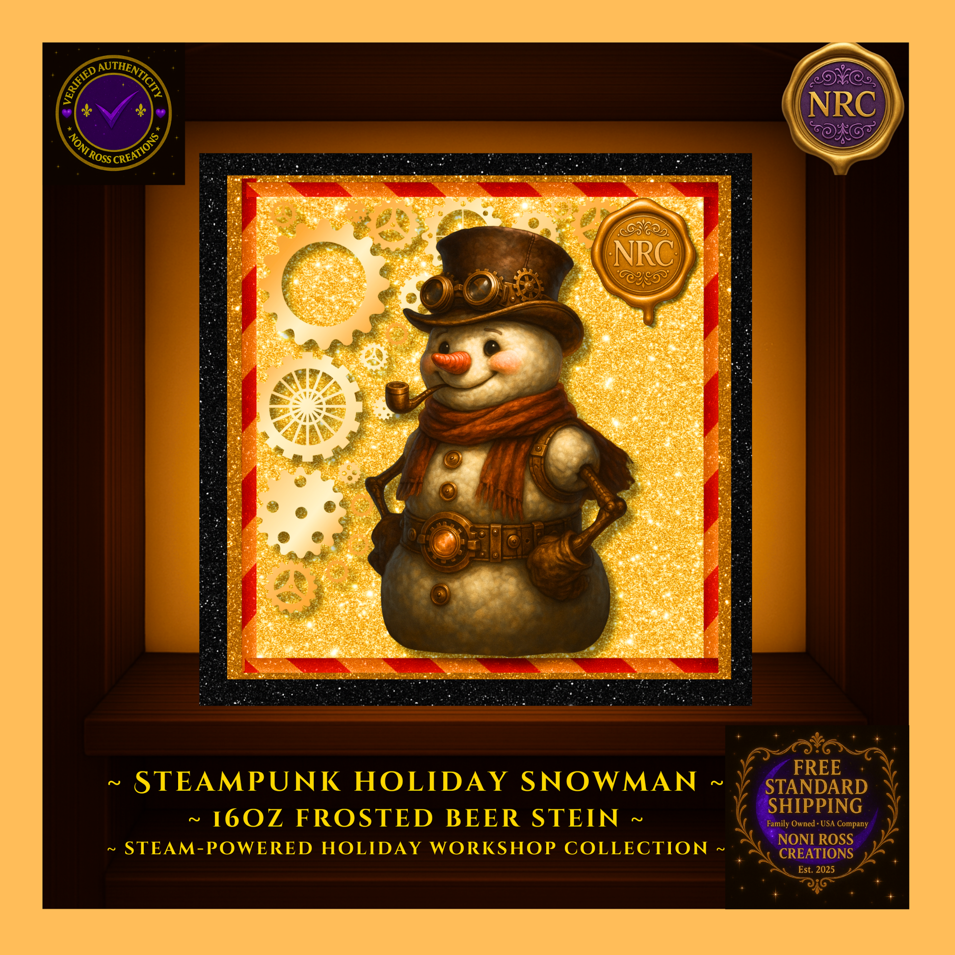 Close-up of Snowman artwork on frosted stein with metallic gears, top-hat detail, and bright highlights on satin glass.