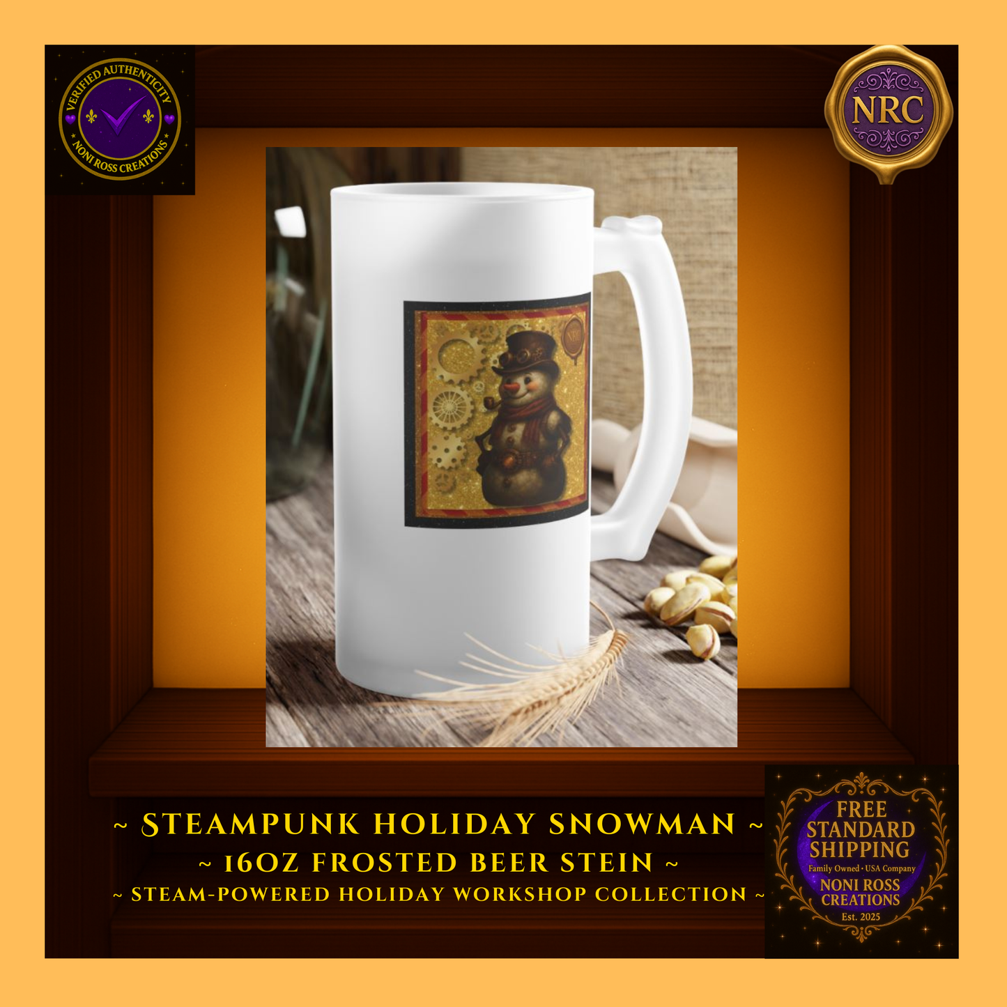 Snowman frosted beer stein on a holiday bar tray with ornaments and twinkle lights—cheerful party scene.