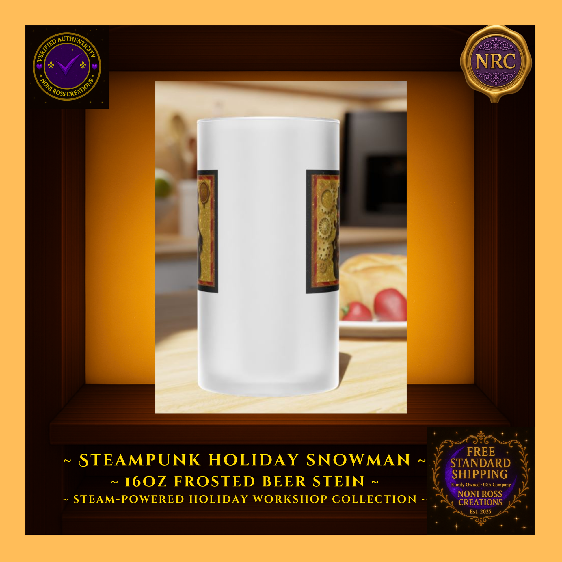 Steampunk Snowman frosted stein in hand near the tree, showing real-life scale and gift-ready presentation.