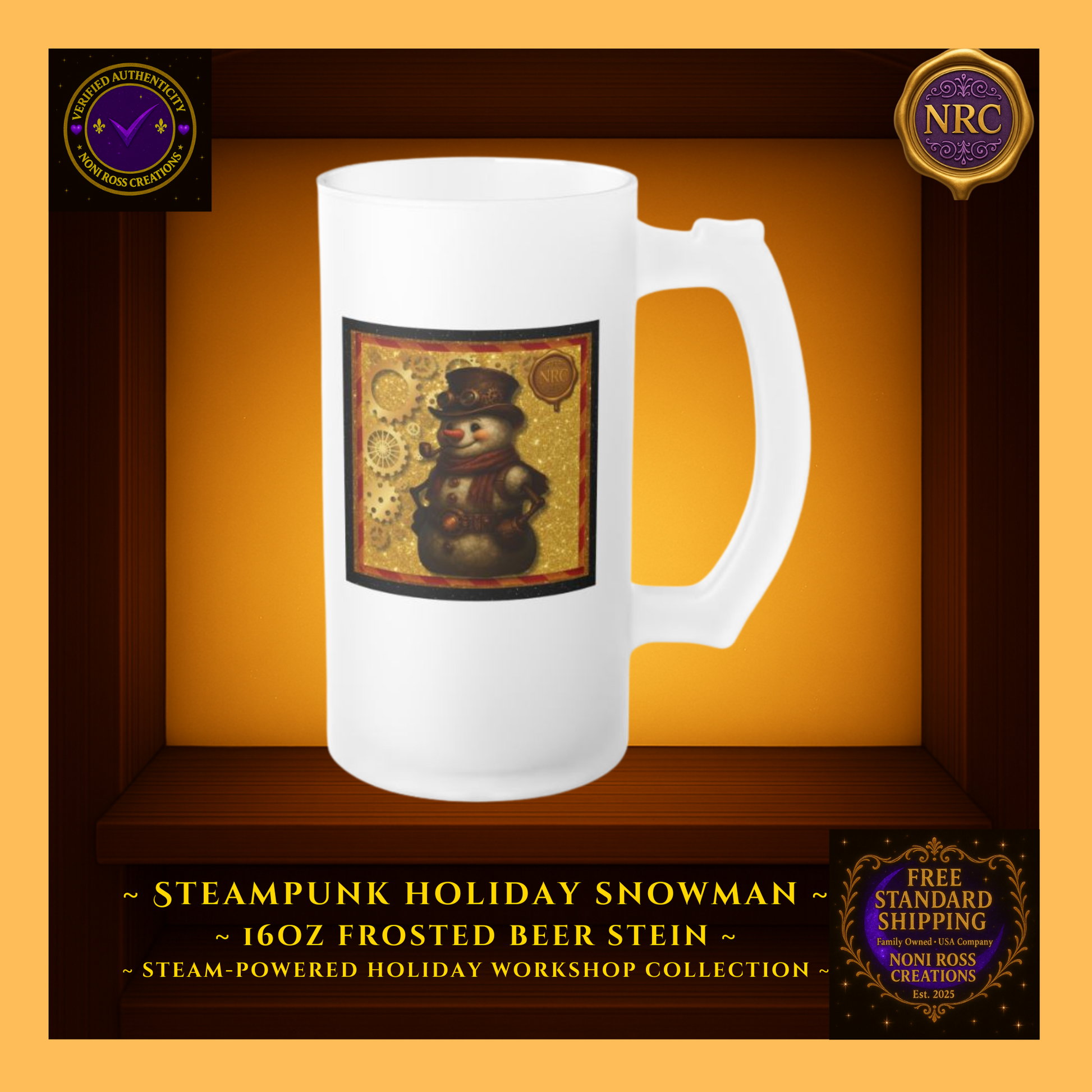 Right-side view of Snowman frosted stein highlighting wrap design edge, brass cog details, and satin frost finish.