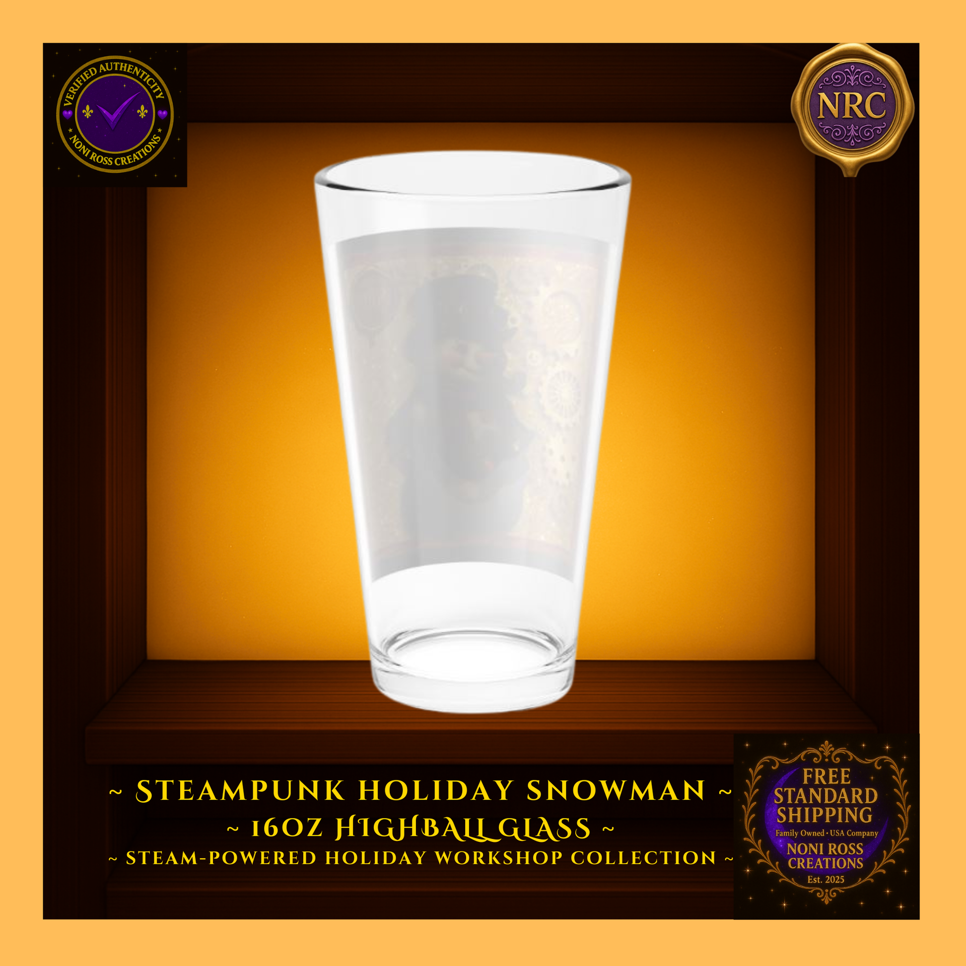 Back view of Snowman highball glass showing artwork wrap continuity on clear glass.