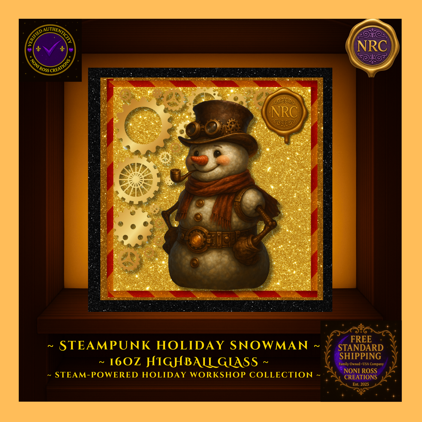 Close-up of Snowman graphic with brass cogs, glowing highlights, and crisp print on clear highball glass.