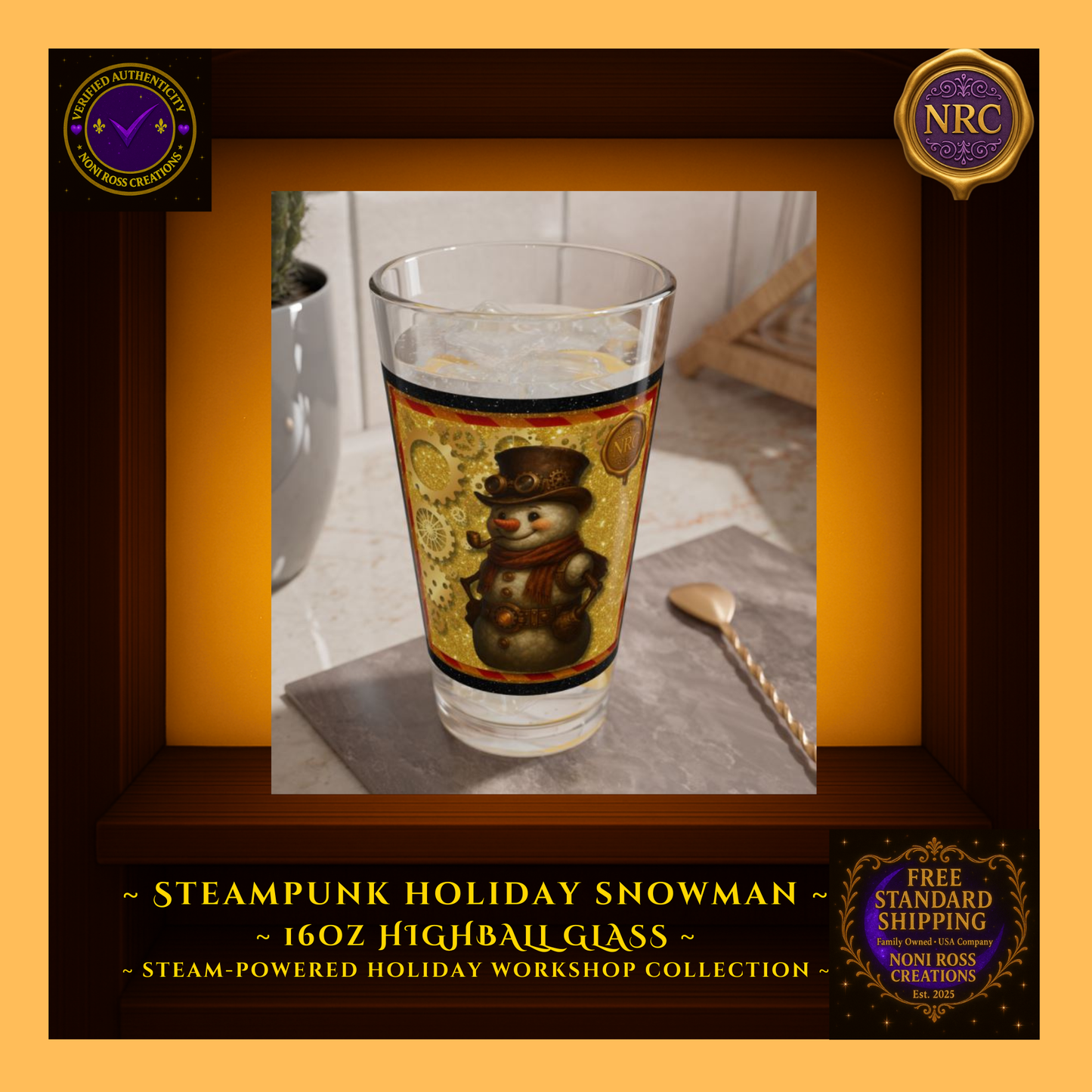 Snowman highball glass on a holiday bar tray with ornaments and twinkle lights—cheerful party scene.