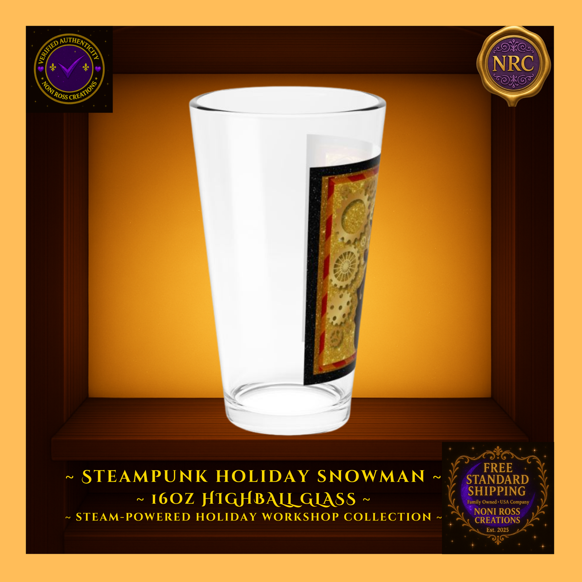 Left-side profile of Snowman highball glass showing edge of design panel and metallic gear details.