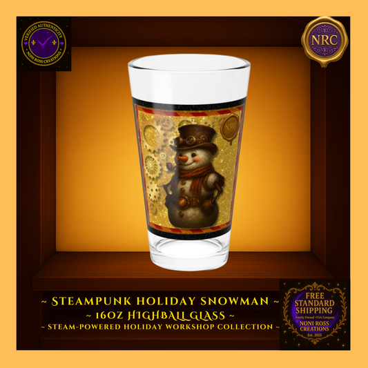 Steampunk Snowman 16oz highball glass with carrot nose, top hat, and gold gear accents — Noni Ross Creations.