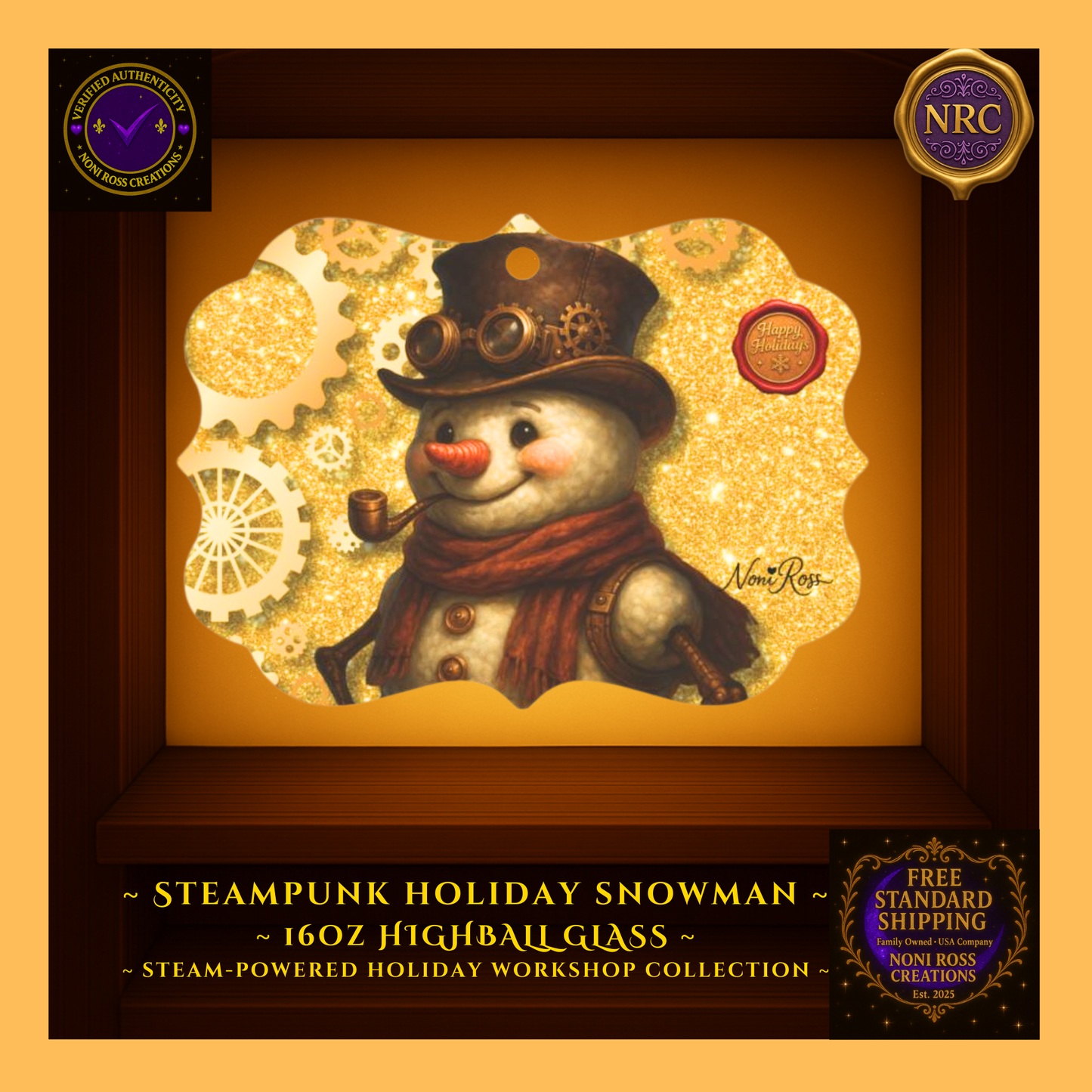 Back view of Snowman metal ornament showing smooth metal finish and hanging ribbon.