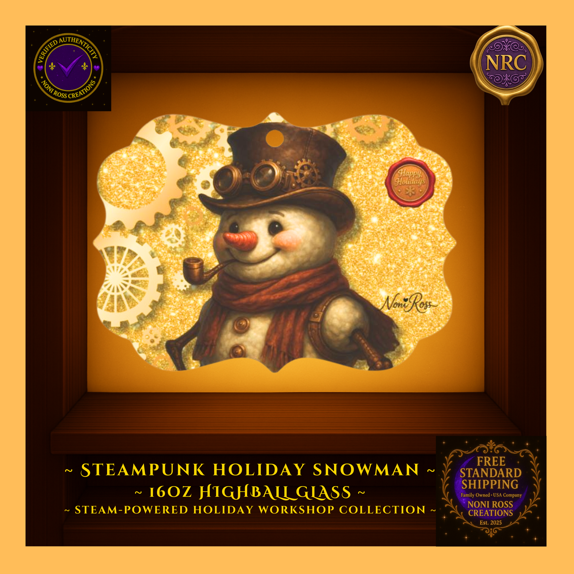 Back view of Snowman metal ornament showing smooth metal finish and hanging ribbon.