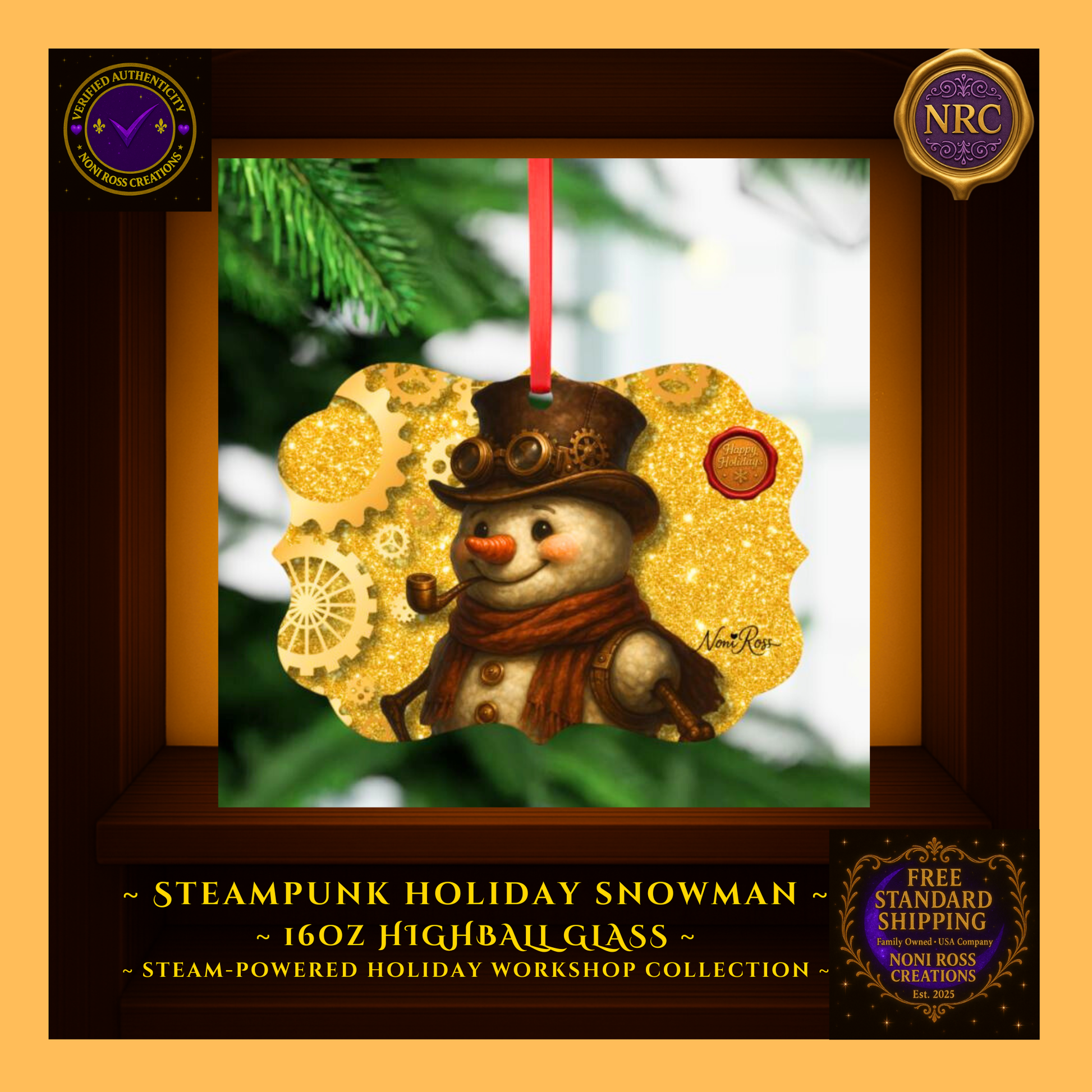 Snowman steampunk ornament hanging on a lit Christmas tree branch with bokeh lights.