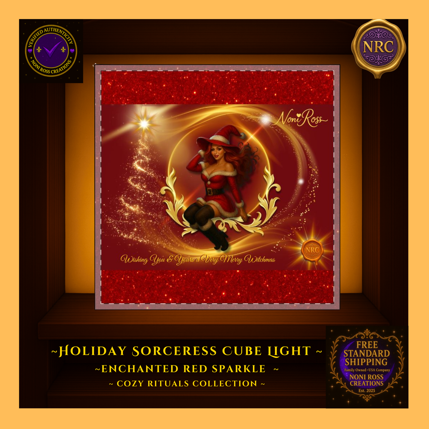 Close-up gold cubby image of the Holiday Sorceress Cube Light showing detailed golden magic trails, vivid red sparkle texture, and glossy artwork