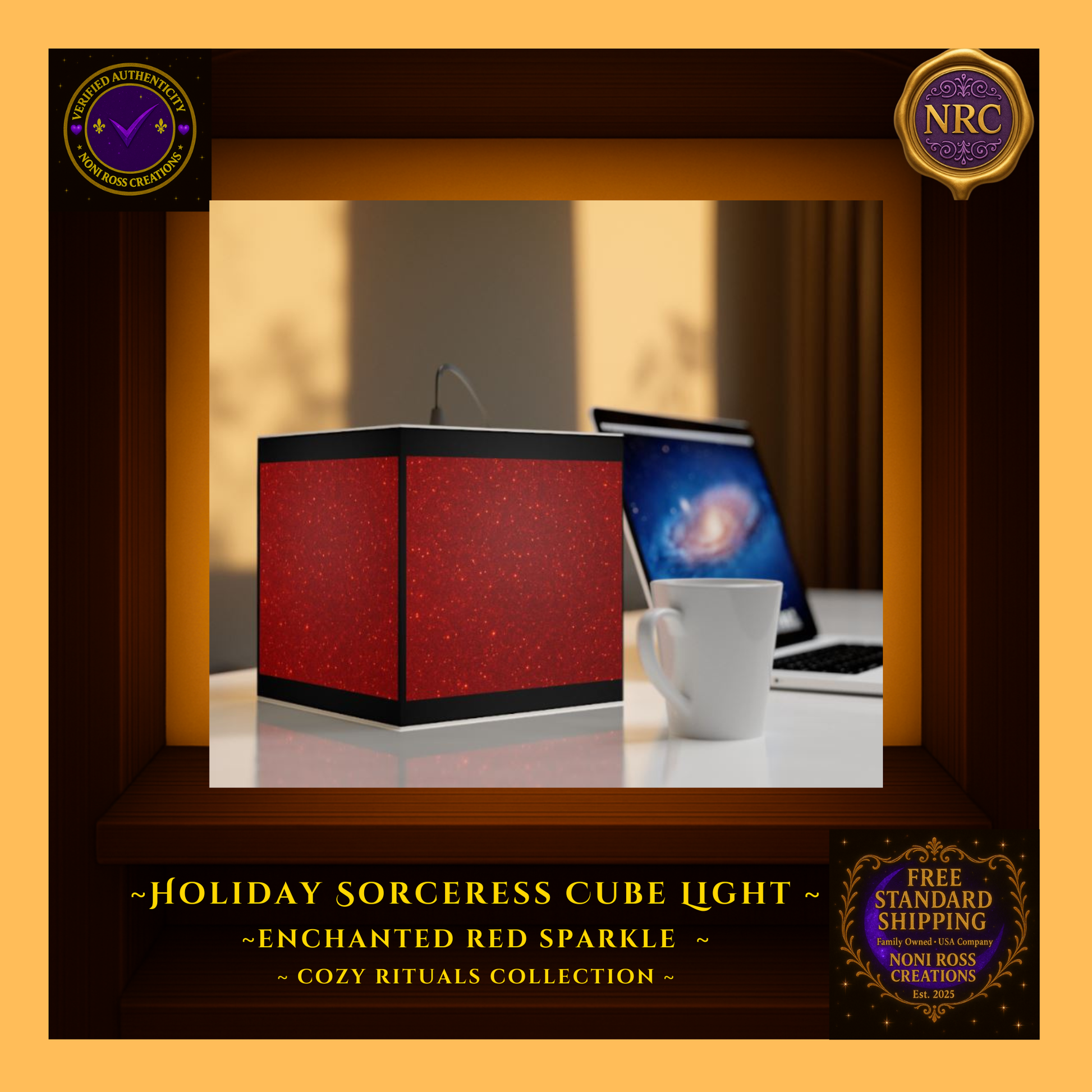 Lifestyle gold cubby scene showing the Holiday Sorceress Cube Light illuminated in a cozy holiday room setting, casting a warm magical glow