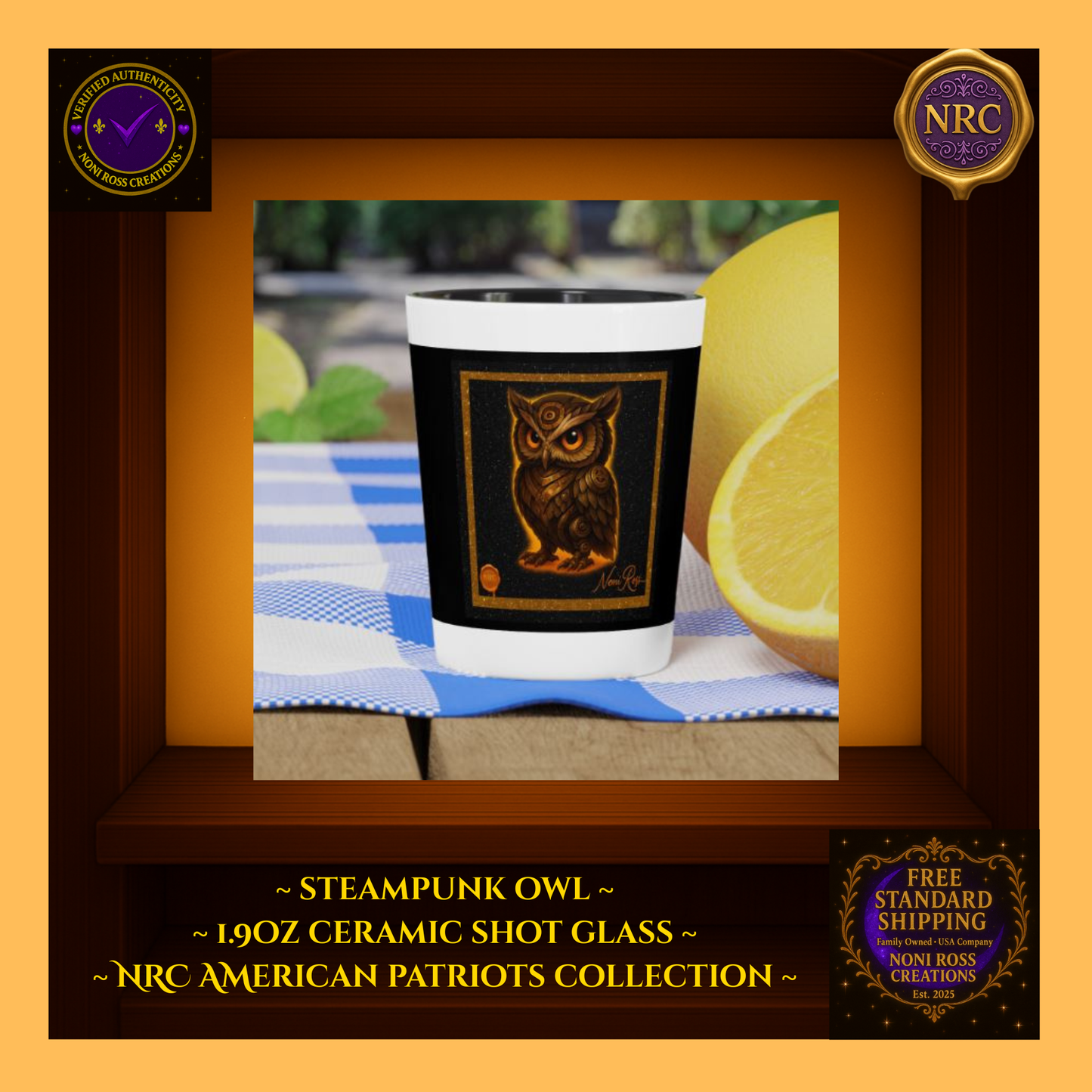 Steampunk Alchemus Owl Ceramic Shot Glass by Noni Ross Creations