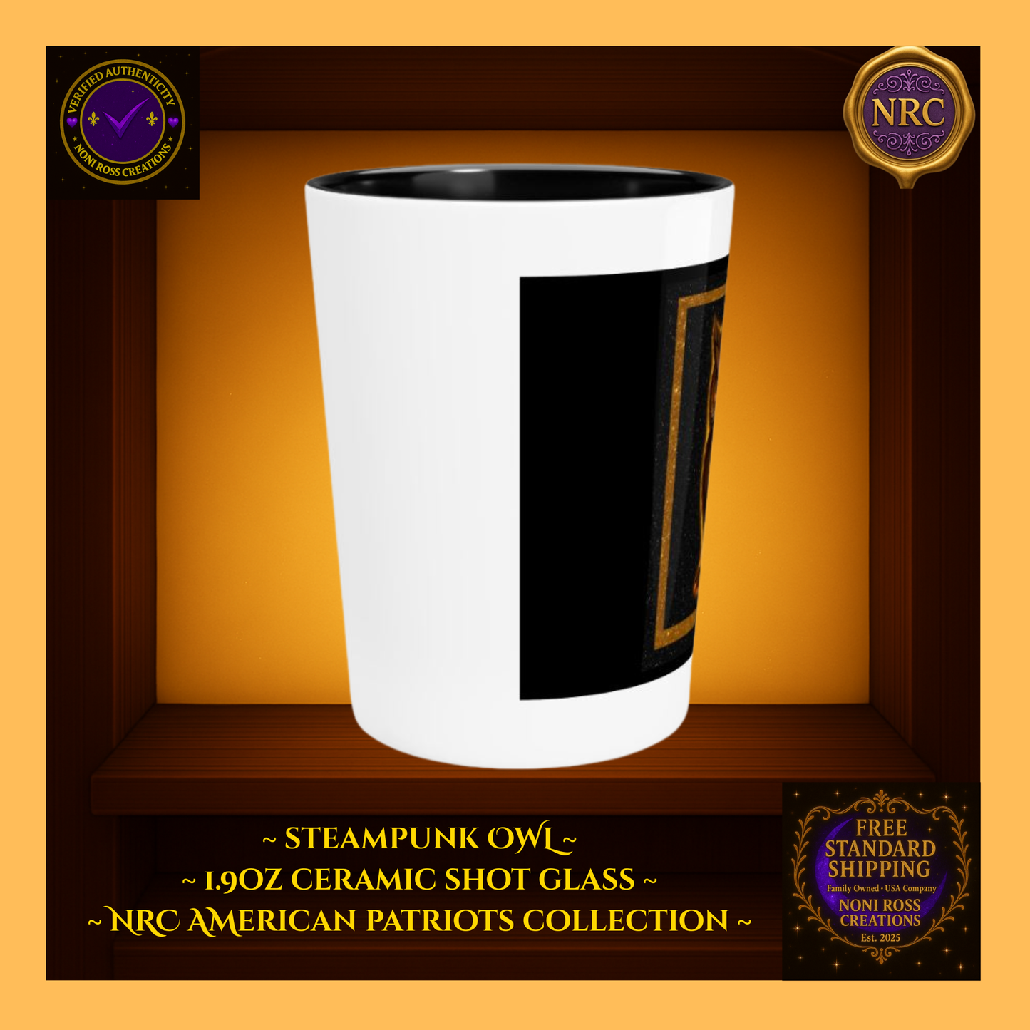 Steampunk Alchemus Owl Ceramic Shot Glass by Noni Ross Creations