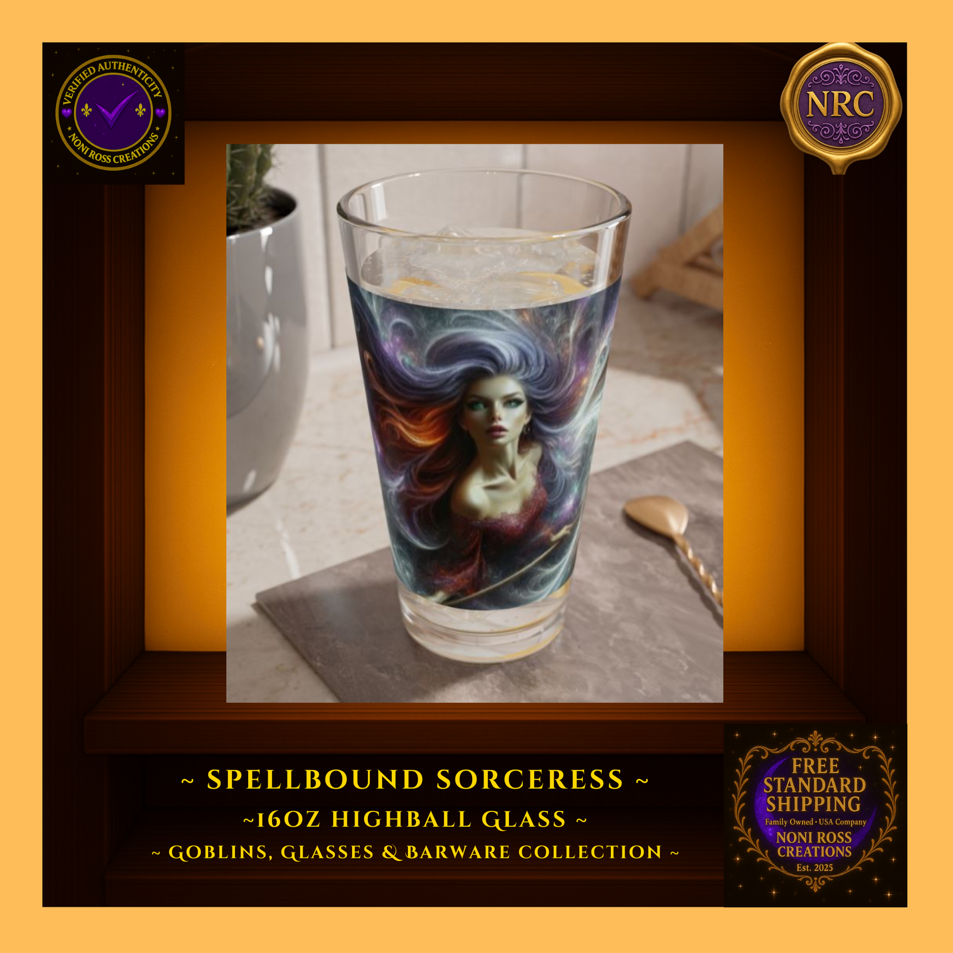 Lifestyle gold cubby scene showing the Spellbound Sorceress 16oz Highball Glass on a bar table with warm magical lighting