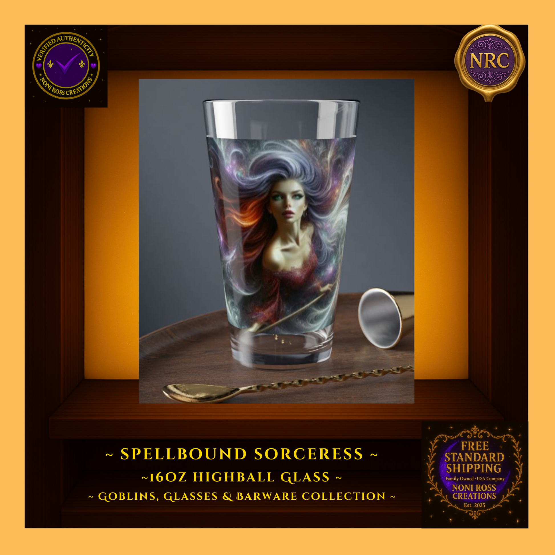 Second lifestyle gold cubby image featuring the Spellbound Sorceress highball glass in an enchanted home bar setting with glowing highlights