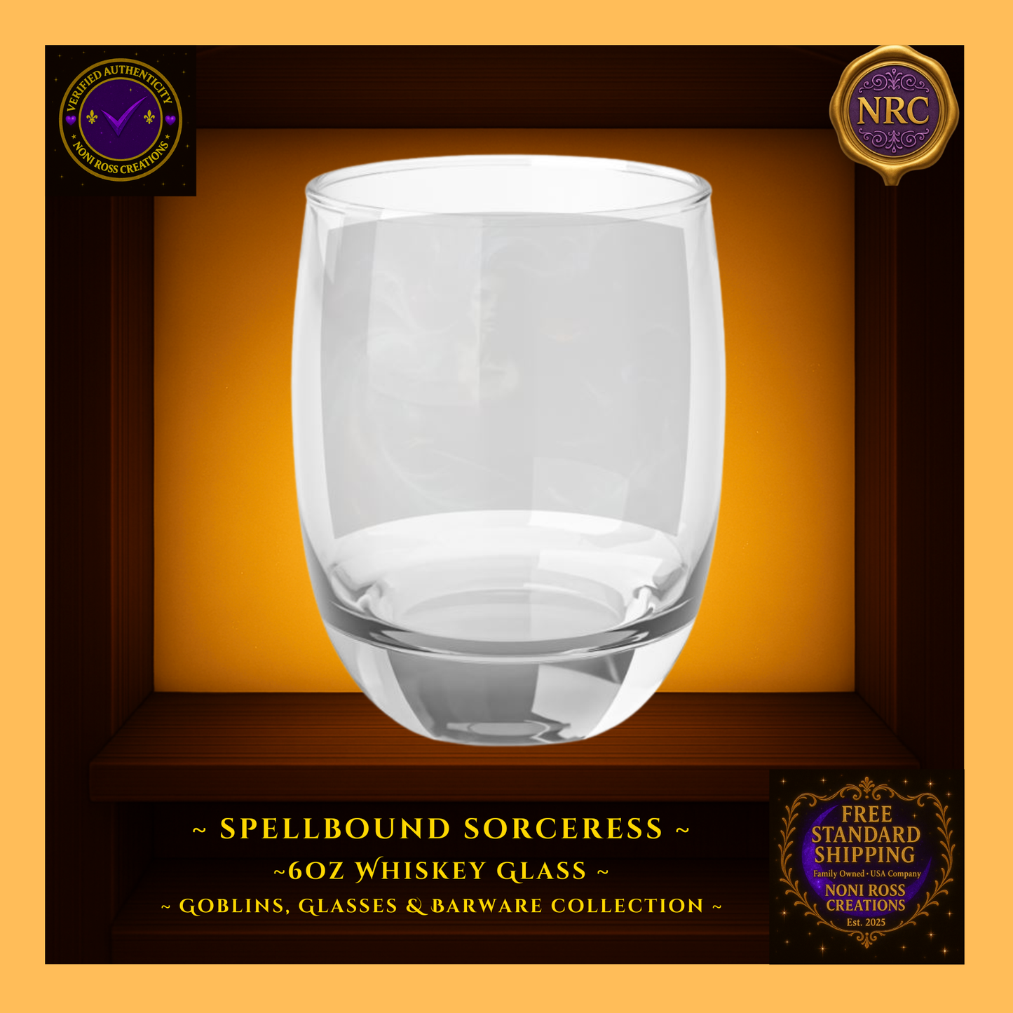 Back view of the Spellbound Sorceress 6oz glass in a gold cubby display showcasing the full cosmic swirl design without the character visible