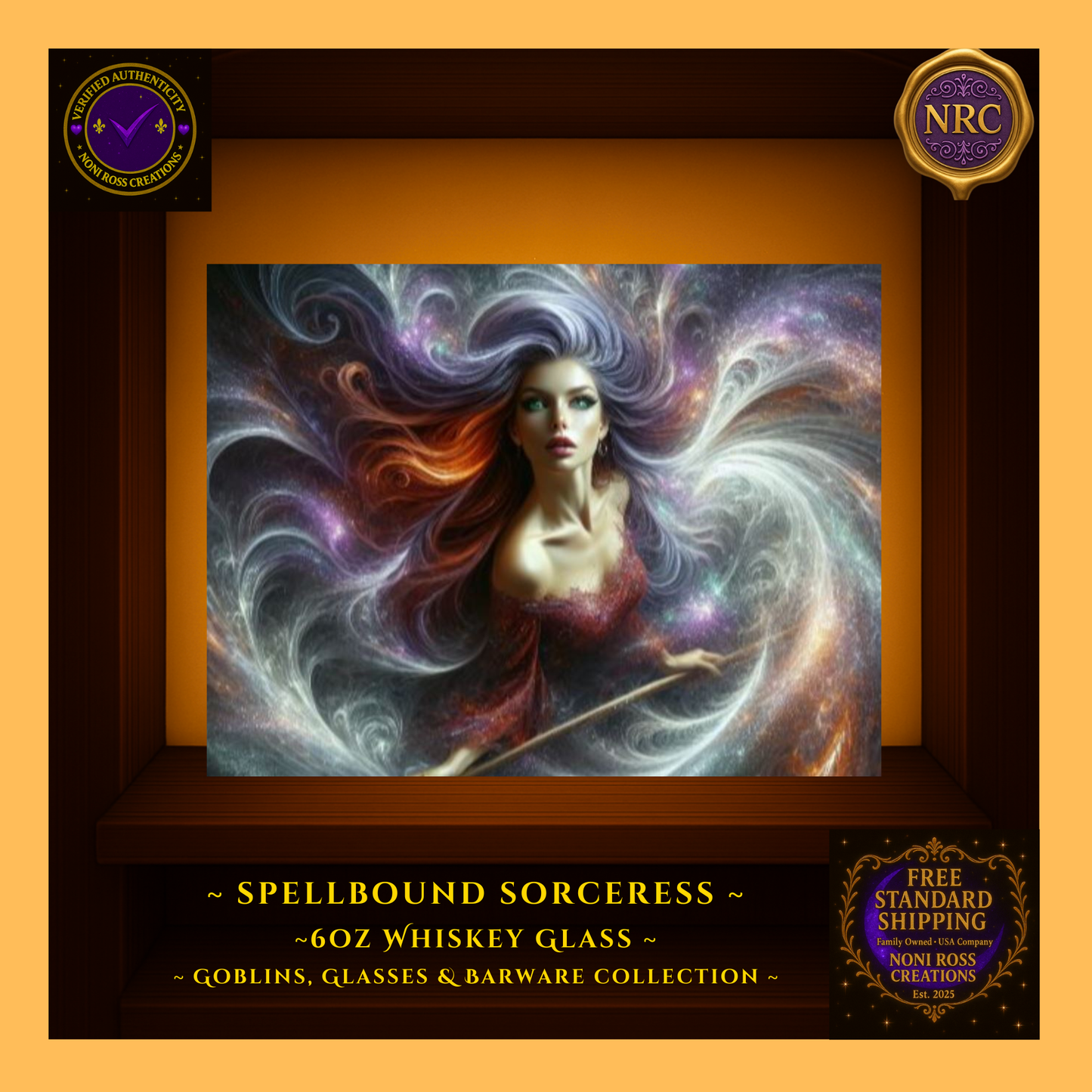 Close-up gold cubby image of the Spellbound Sorceress artwork on the whiskey glass showing detailed nebula swirls, vivid colors, and glossy print texture