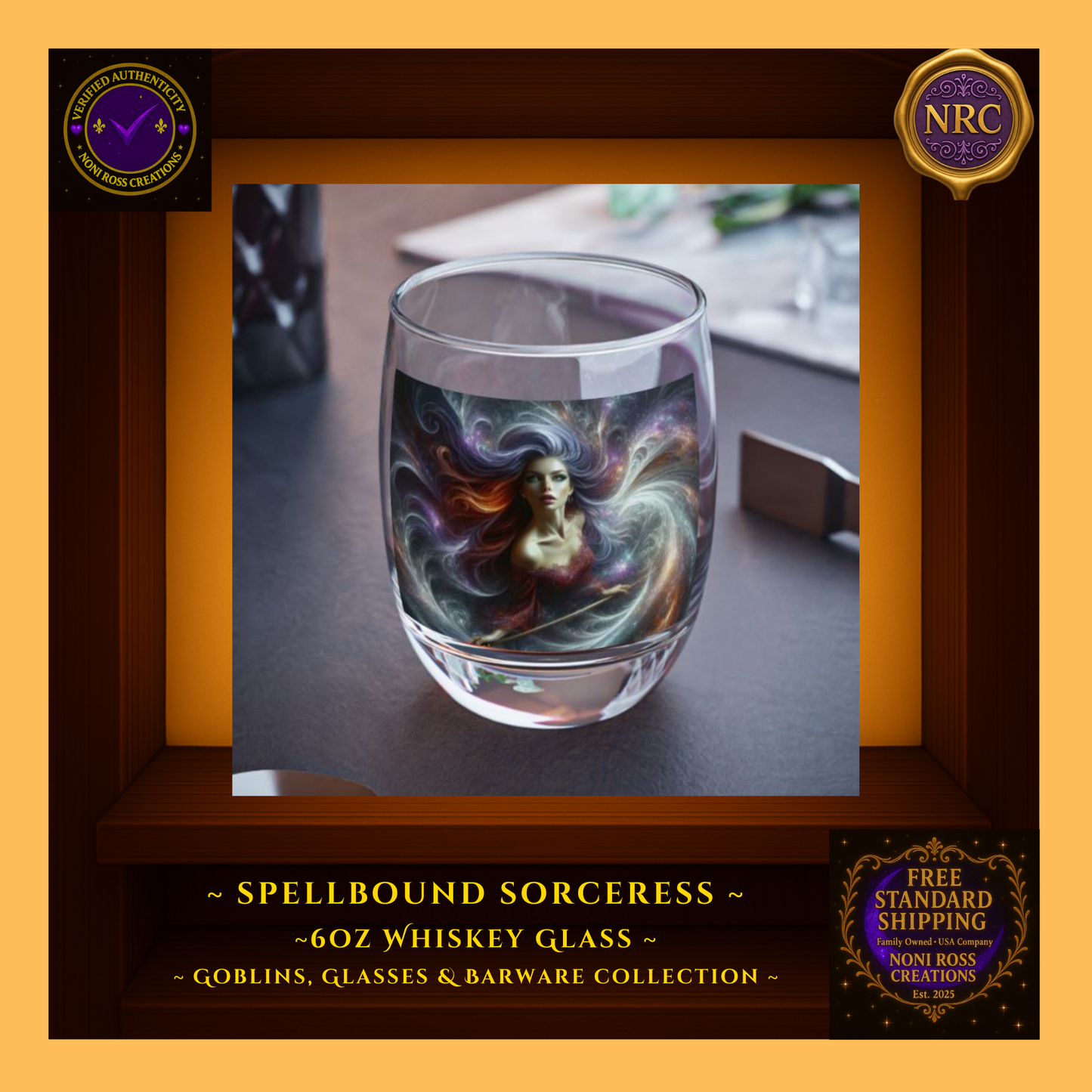 Lifestyle gold cubby scene showing the Spellbound Sorceress 6oz Whiskey Glass on a table setting with magical ambient lighting