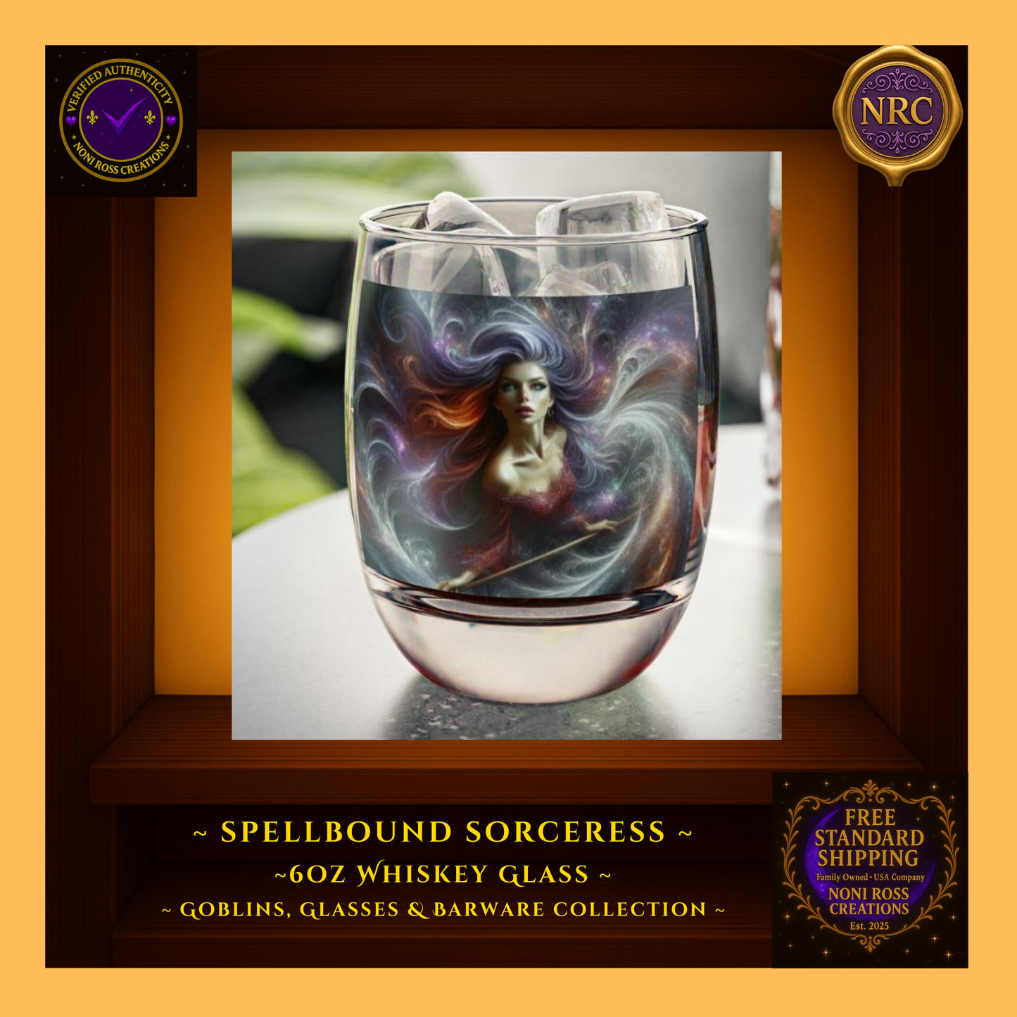Second lifestyle gold cubby image featuring the Spellbound Sorceress whiskey glass in a cozy enchanted setting with warm glowing highlights