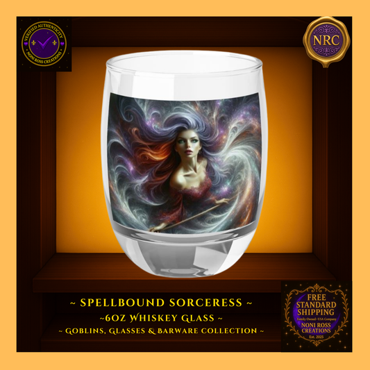 Spellbound Sorceress 6oz Whiskey Glass displayed in a gold cubby frame featuring cosmic swirling artwork and vibrant magical colors from Noni Ross Creations