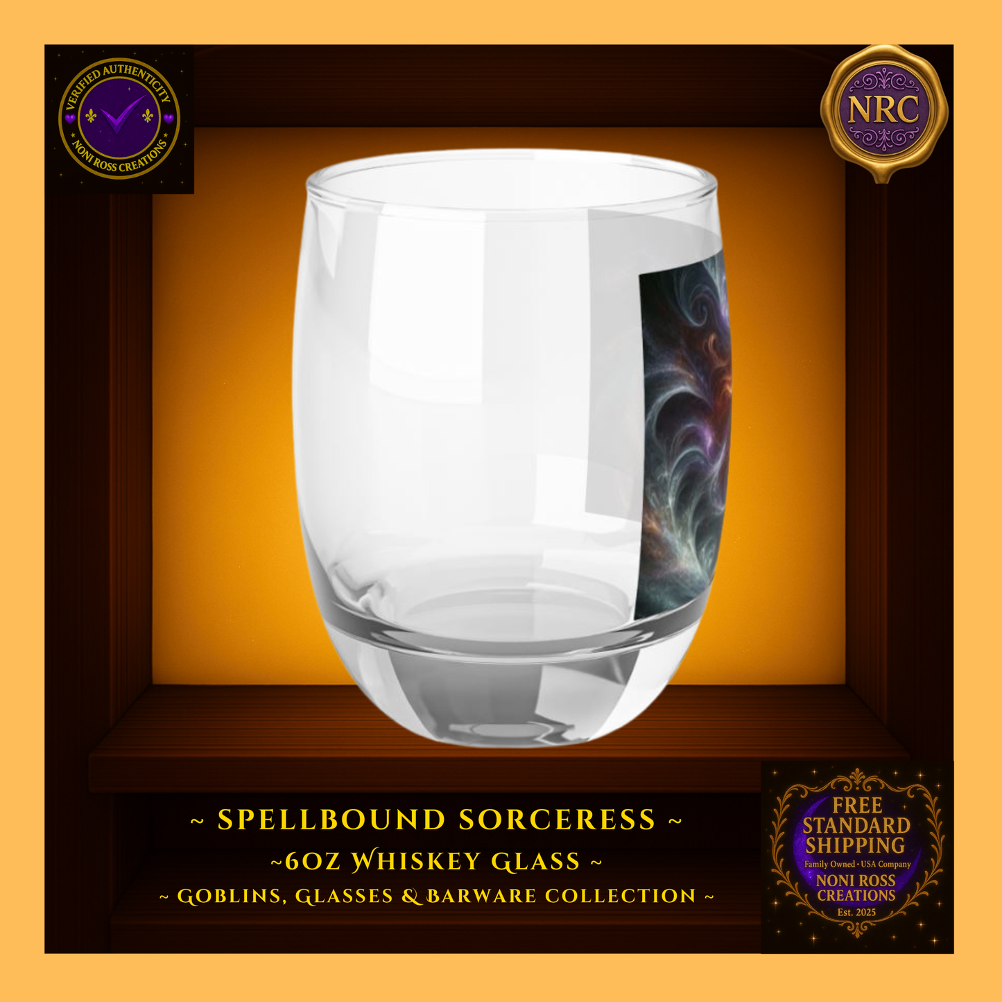 Right side view of the Spellbound Sorceress whiskey glass in a gold cubby frame highlighting swirling galaxy patterns and enchanted energy