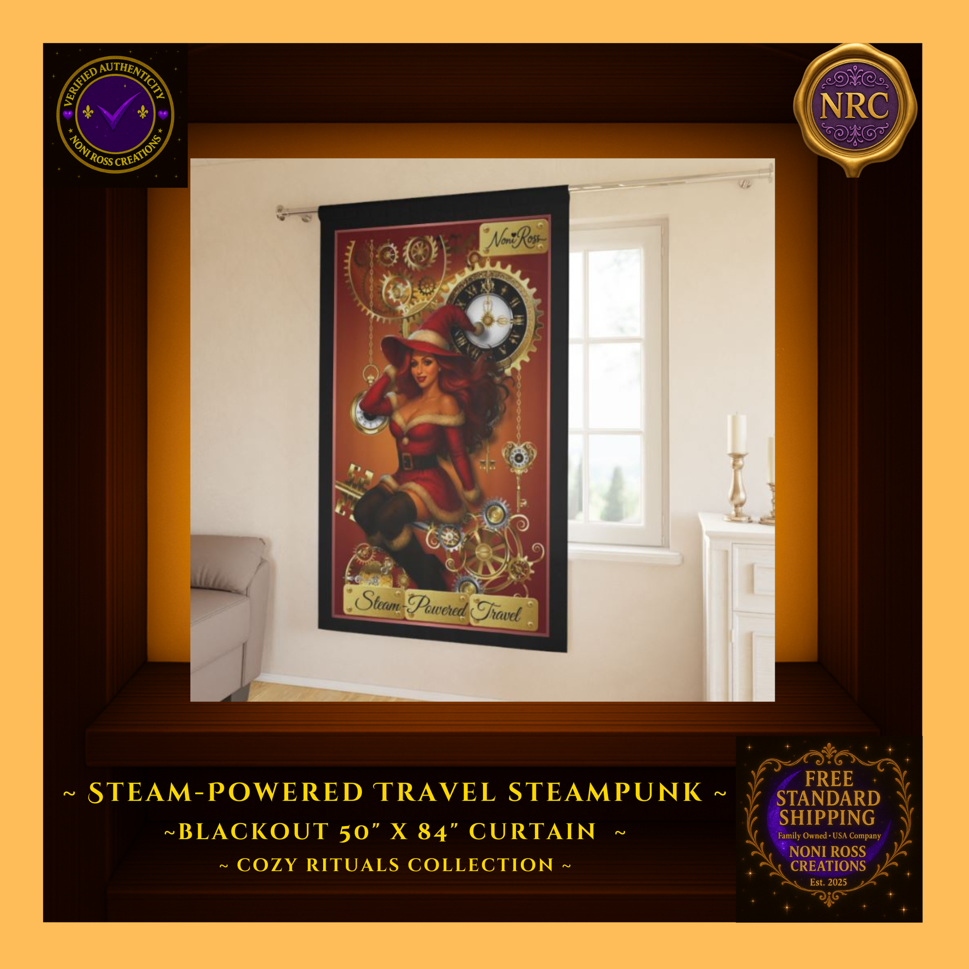 “Lifestyle gold cubby display showing the curtain in a modern room setting, blending steampunk holiday art with warm seasonal décor elements.”