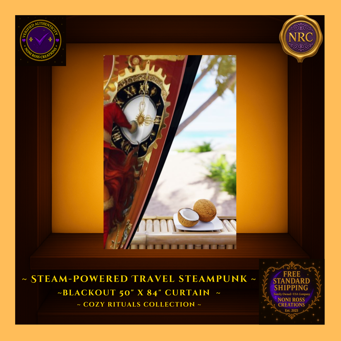 “Lifestyle gold cubby image featuring the Steam-Powered Travel curtain in a cozy reading space, creating a magical holiday atmosphere.”