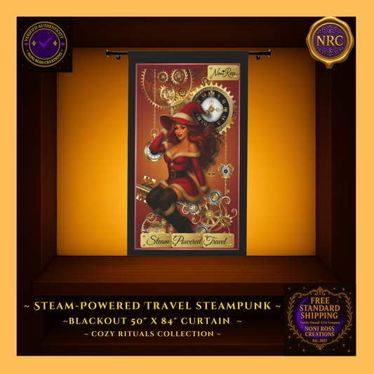 “Steam-Powered Travel blackout curtain displayed in a gold cubby, featuring a red-haired steampunk holiday traveler surrounded by golden gears and vintage clockwork.”