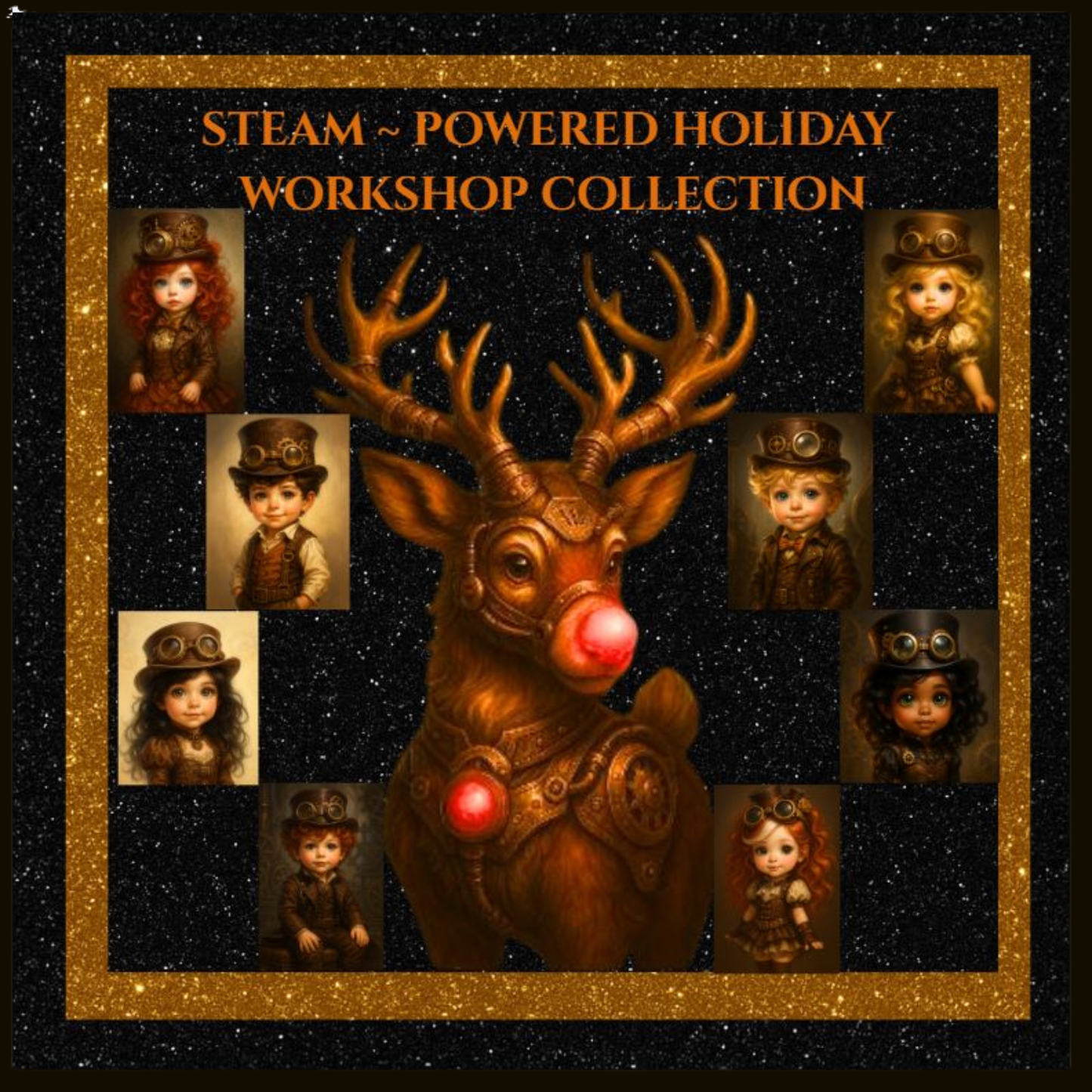 Steam-Powered Holiday Workshop Collection brand badge featuring reindeer and Sprocket Sprites in gold and black frame