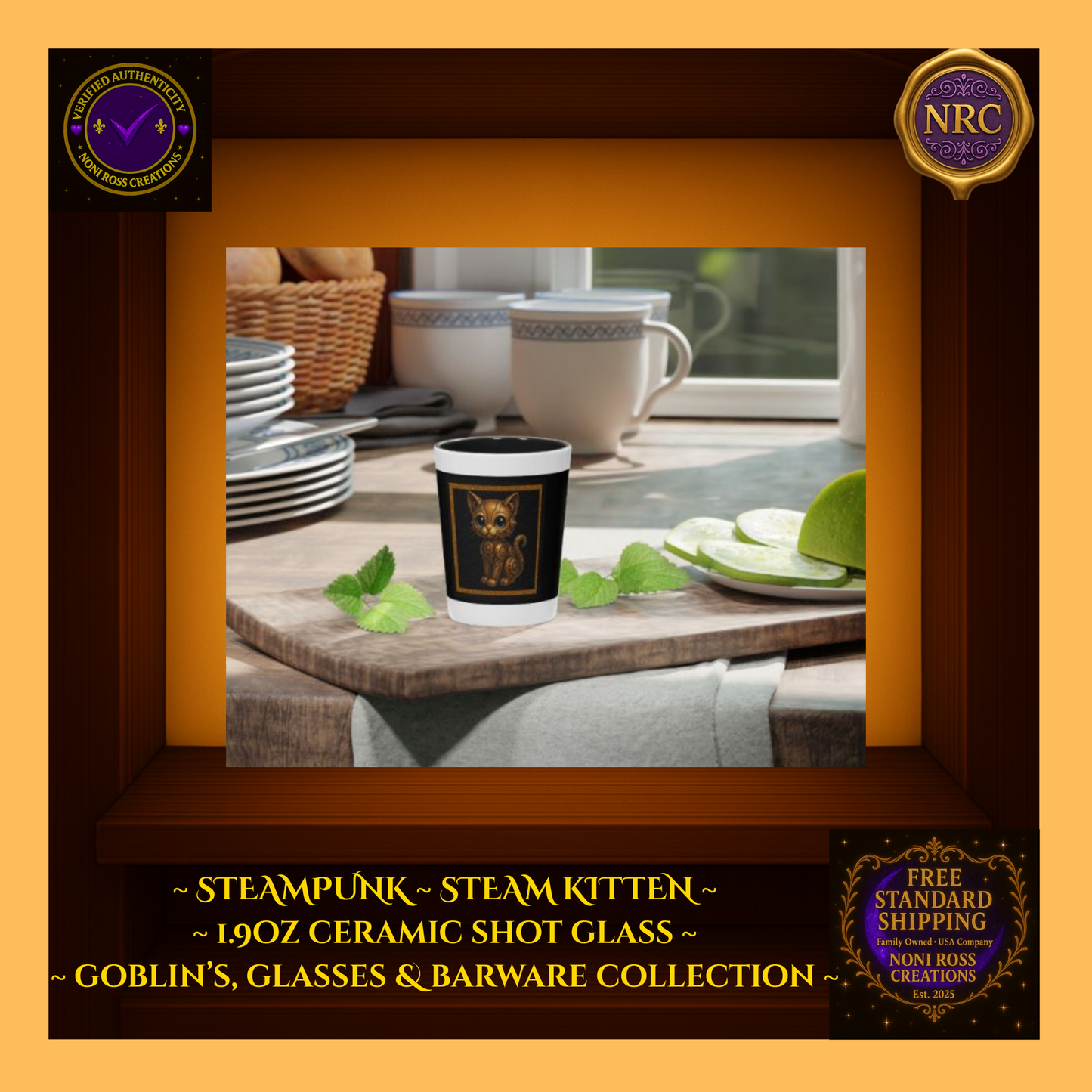 Steampunk Puss Ceramic Shot Glass by Noni Ross Creations