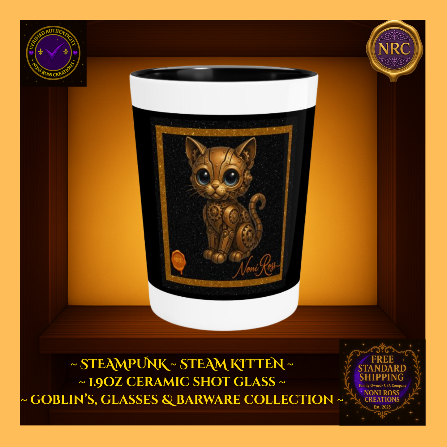 Steampunk Puss Ceramic Shot Glass by Noni Ross Creations