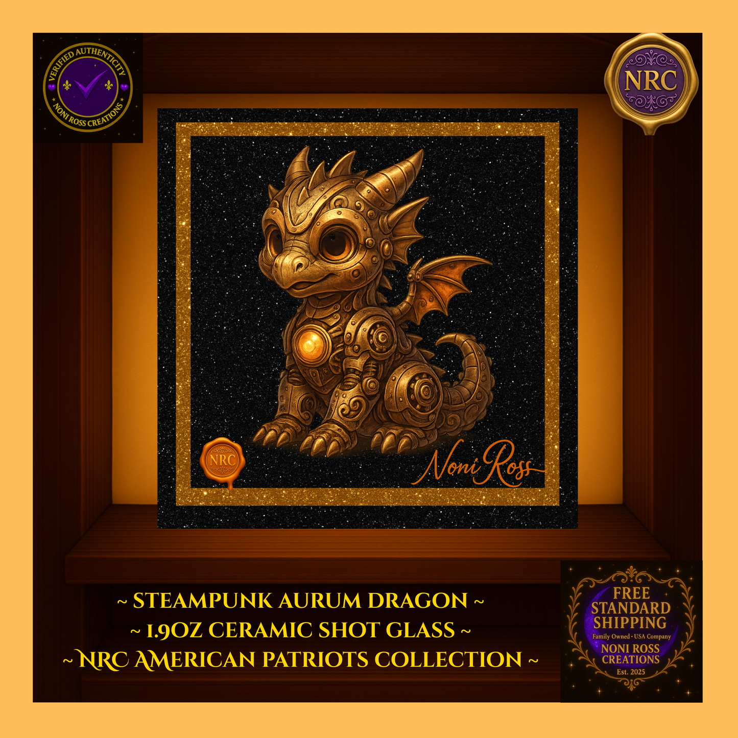 Steampunk Aurum Draconis Gold Dragon Ceramic Shot Glass by Noni Ross Creations