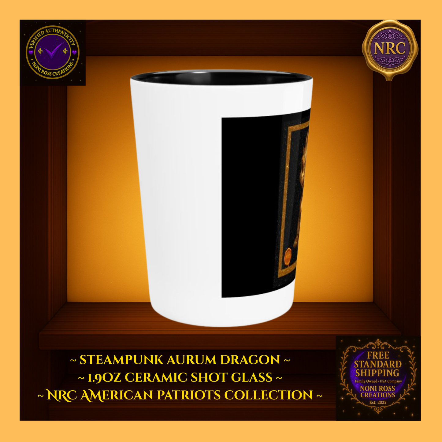 Steampunk Aurum Draconis Gold Dragon Ceramic Shot Glass by Noni Ross Creations