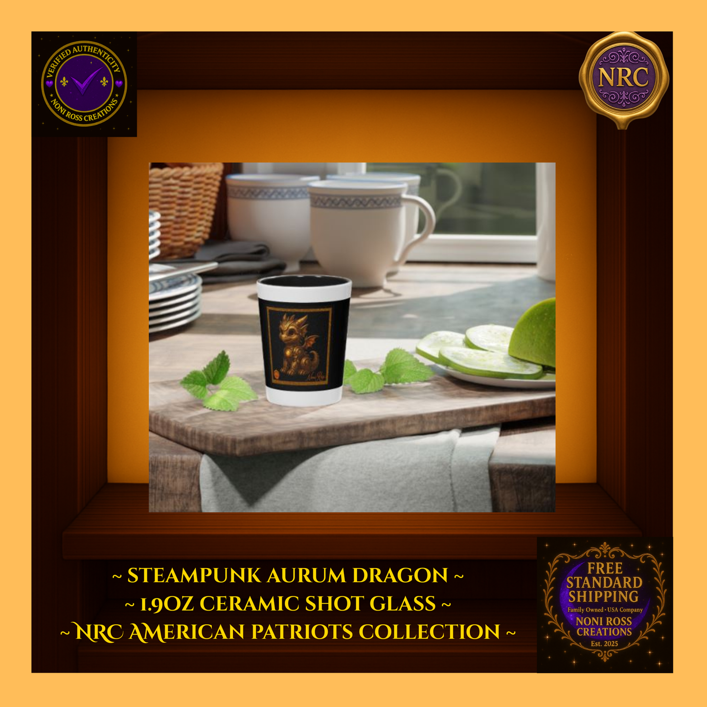 Steampunk Aurum Draconis Gold Dragon Ceramic Shot Glass by Noni Ross Creations