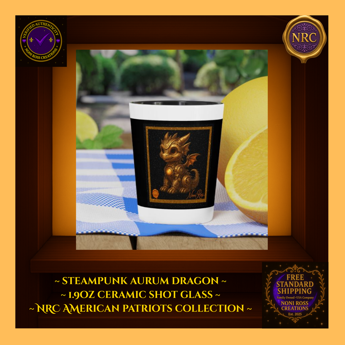 Steampunk Aurum Draconis Gold Dragon Ceramic Shot Glass by Noni Ross Creations