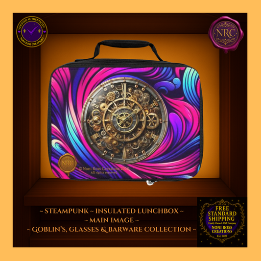 Steampunk Clockwork Lunchbox – vintage gearwork design with swirling magenta and blue pattern, insulated tote by Noni Ross Creations
