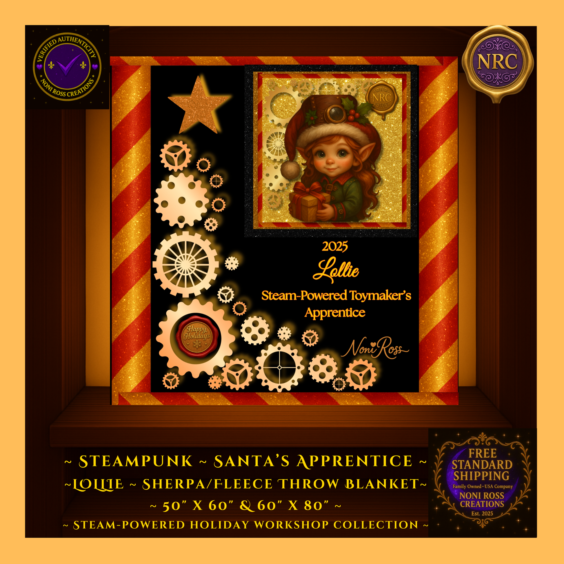 Close-up of Lollie Girl Elf steampunk artwork on sherpa blanket – gold gears, glowing textures, detailed holiday illustration in cubby