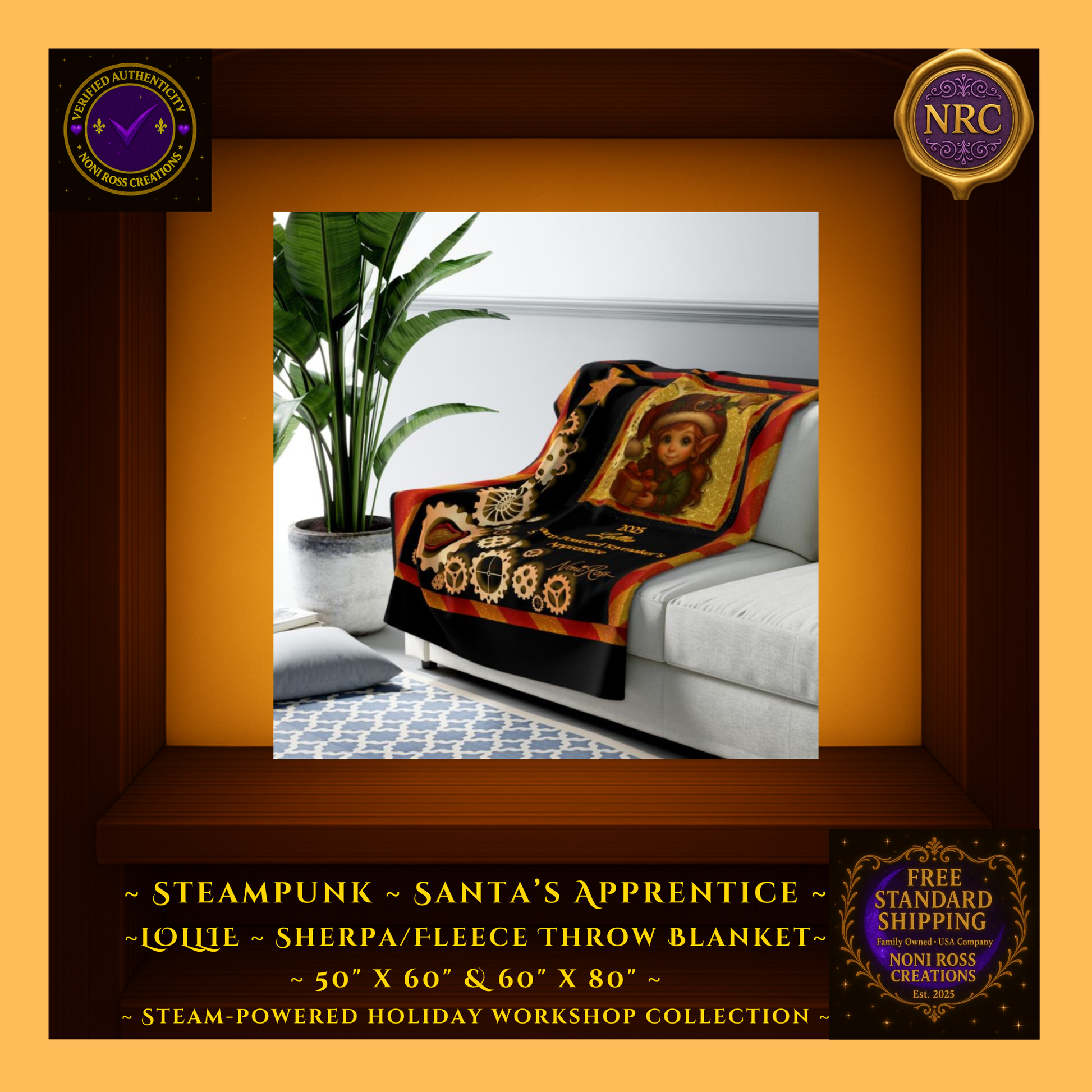 Steampunk Lollie Girl Elf sherpa blanket draped over couch in cubby – warm holiday home décor with gold gears and festive striping