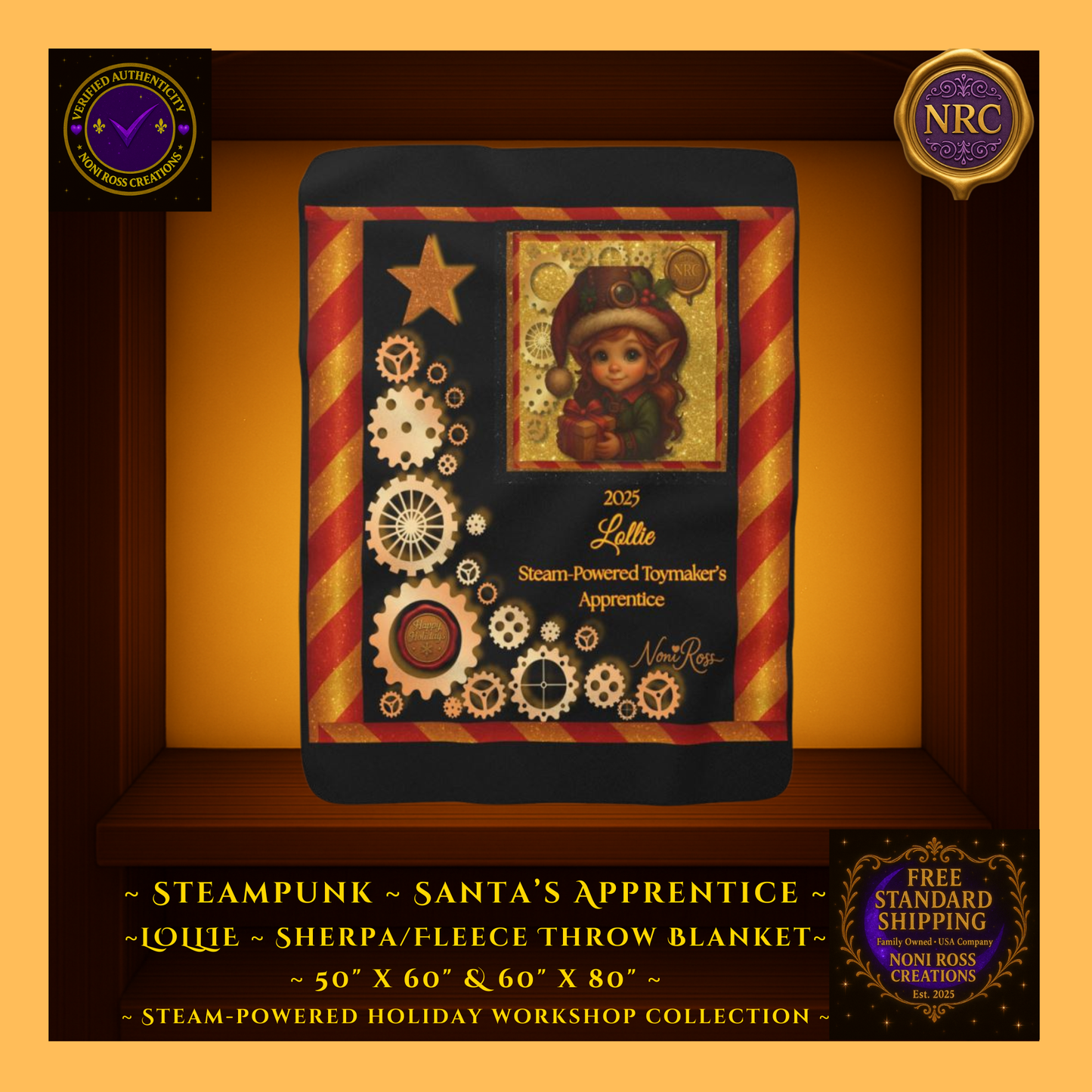 Steampunk Lollie Girl Elf Sherpa/Fleece Blanket – full design displayed in gold frame cubby, holiday gears, stripes, and NRC branding