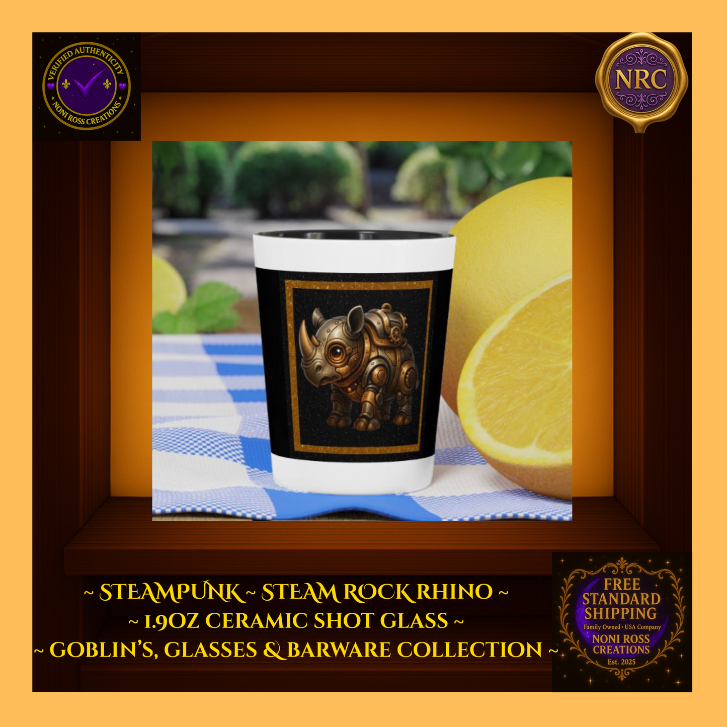 Steampunk Steam Rock Rhino Ceramic Shot Glass by Noni Ross Creations