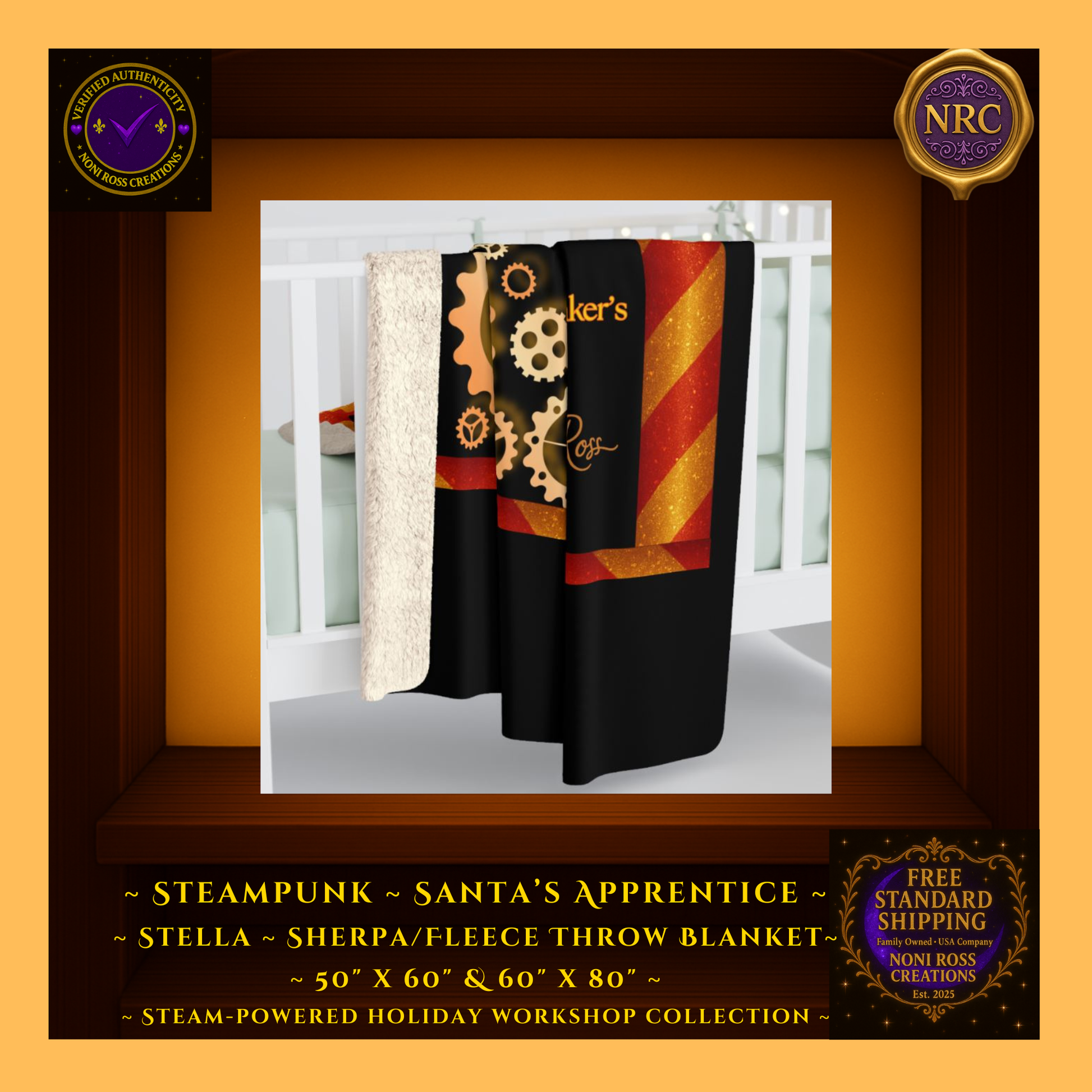 Stella steampunk sherpa blanket draped over a cozy couch and crib, adding warm golden holiday sparkle to the room decor