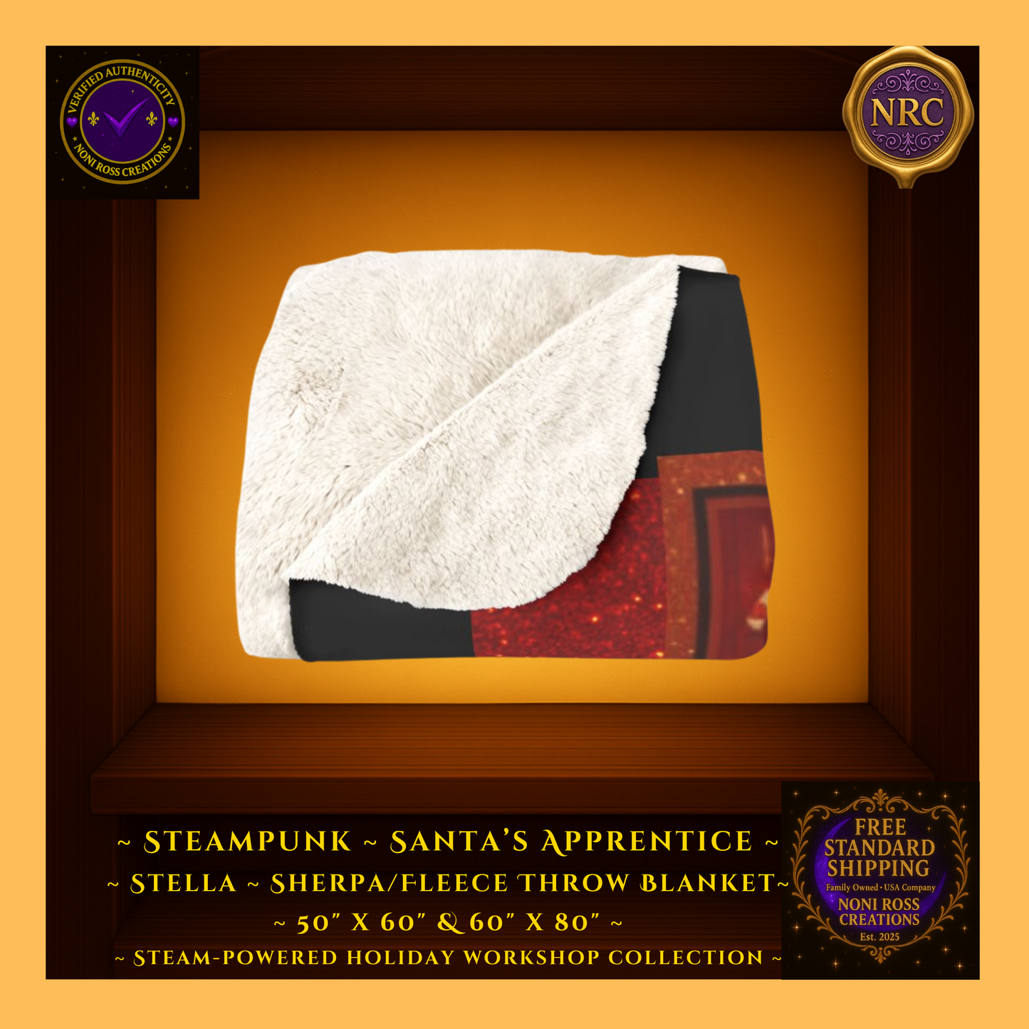 Folded Stella steampunk sherpa blanket showing plush white sherpa backing and gold gear artwork along the striped holiday border