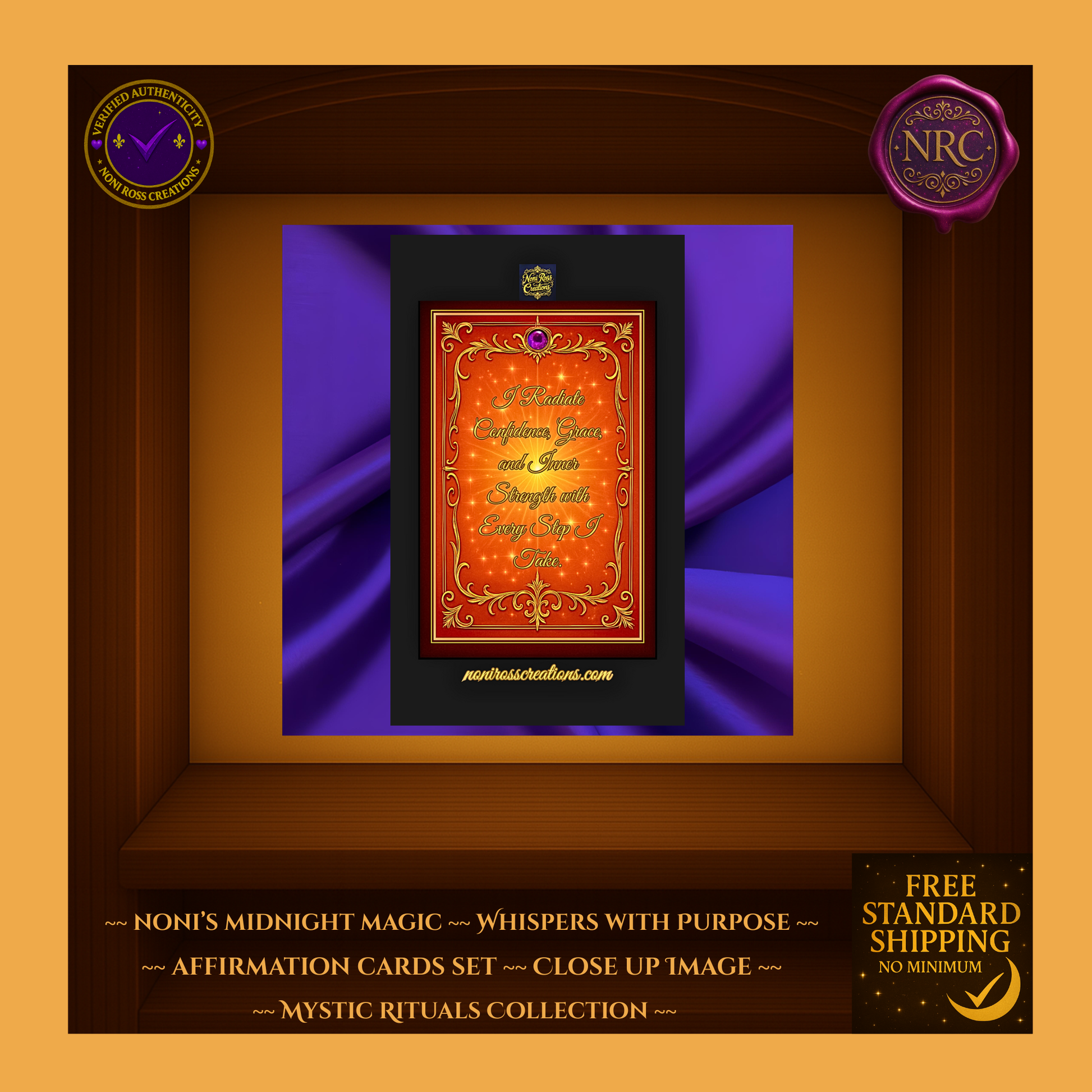 Close-up view of a single Noni’s Midnight Magic – Whispers With Purpose affirmation card with glowing orange design and elegant golden lettering.