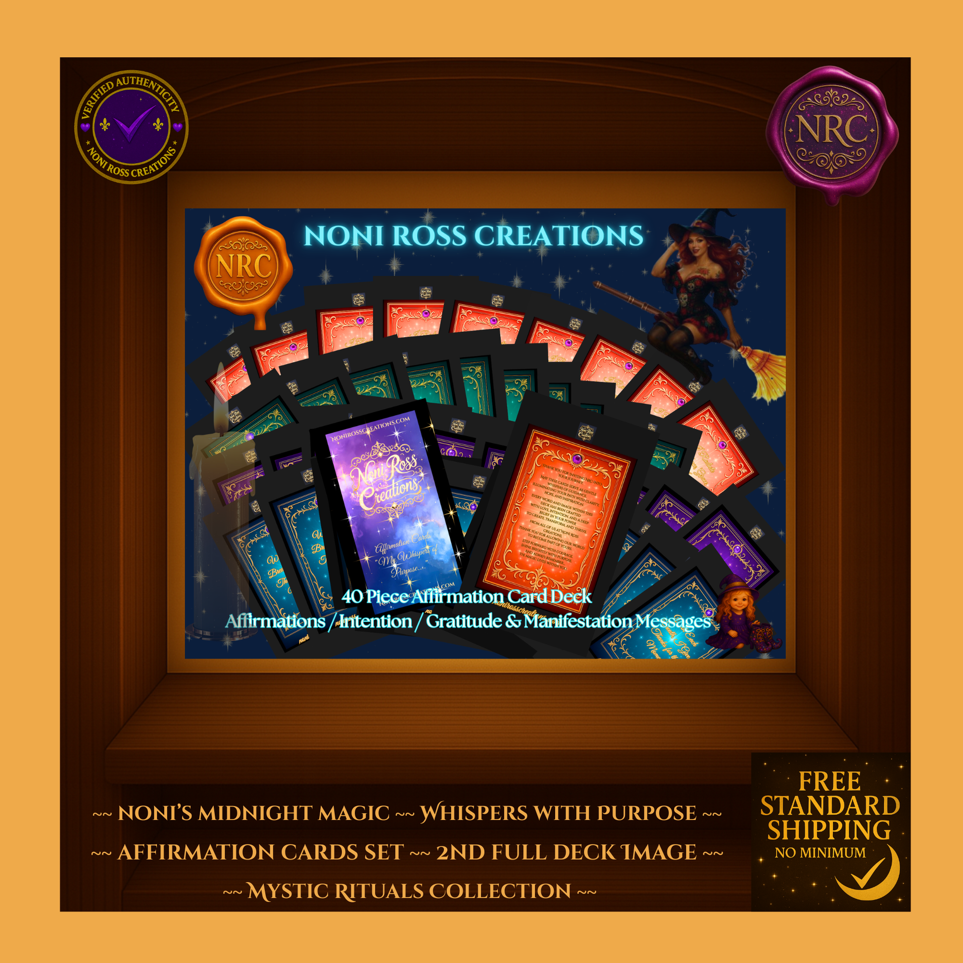 Full display of Noni’s Midnight Magic – Whispers With Purpose affirmation card deck featuring 40 colorful cards for manifestation, gratitude, and intention.