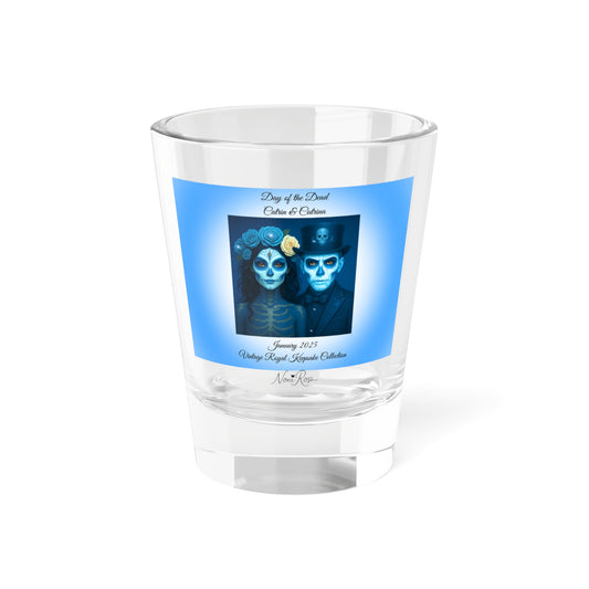 January day of the dead couple shot glass 1.5oz with blue catrin and catrina vintage keepsake design