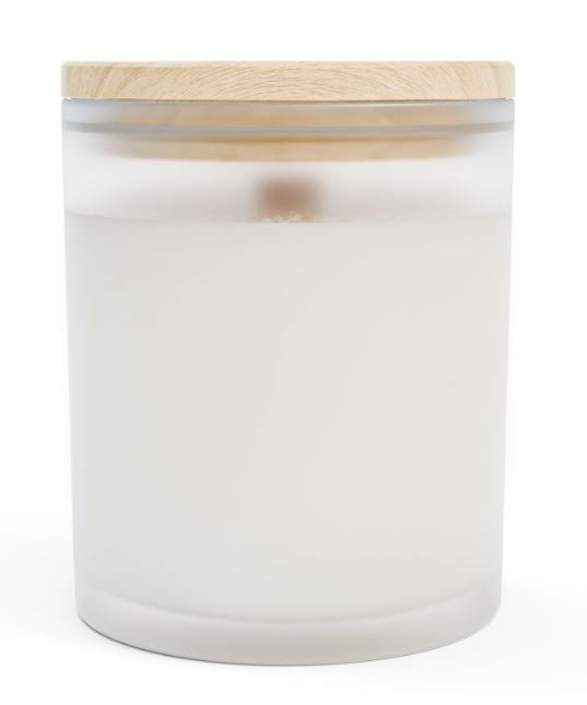Frosted glass candle back view wooden wick coconut soy wax maple lid candle
