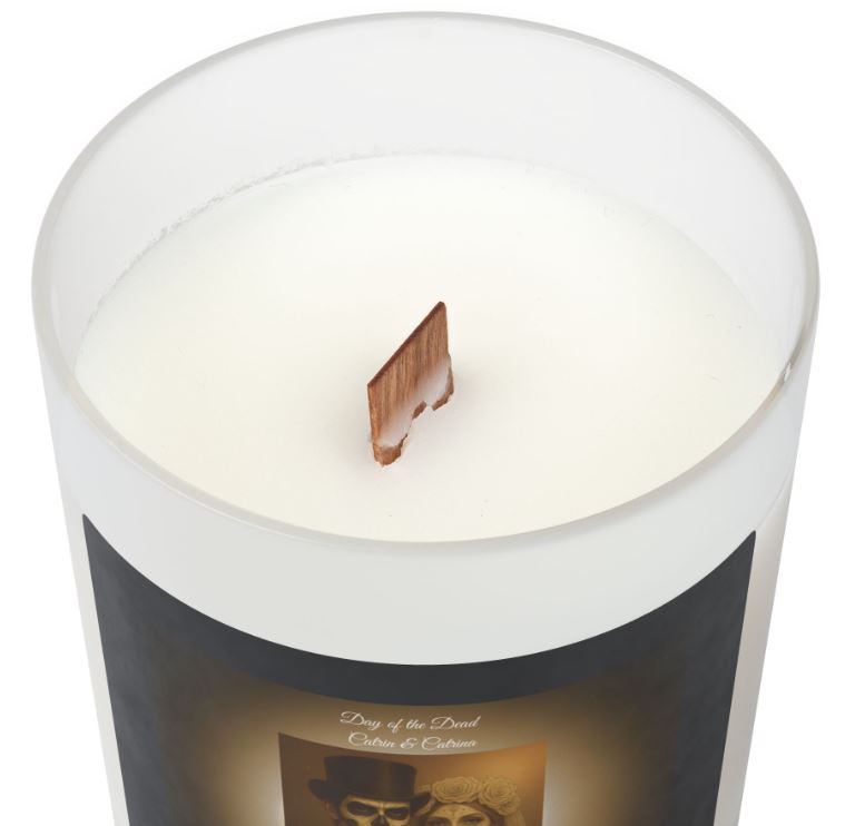 Wooden wick close up candle eco friendly crackling wick detail frosted glass candle