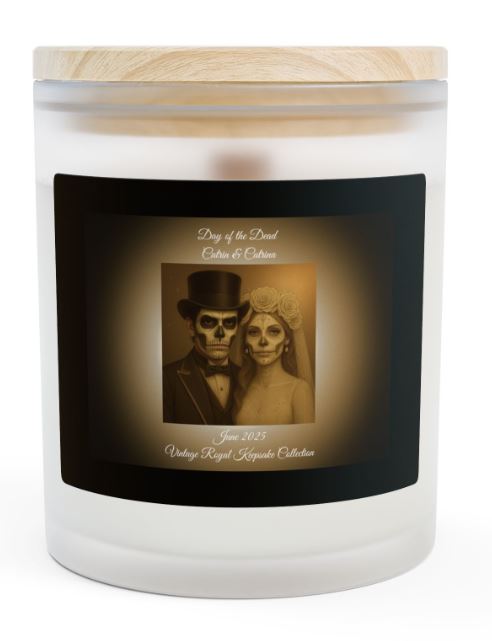 Day of the Dead June candle Catrin and Catrina blue design wooden wick candle Noni Ross Creations