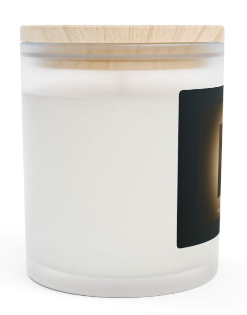 Day of the Dead candle left side view frosted glass wooden wick candle design